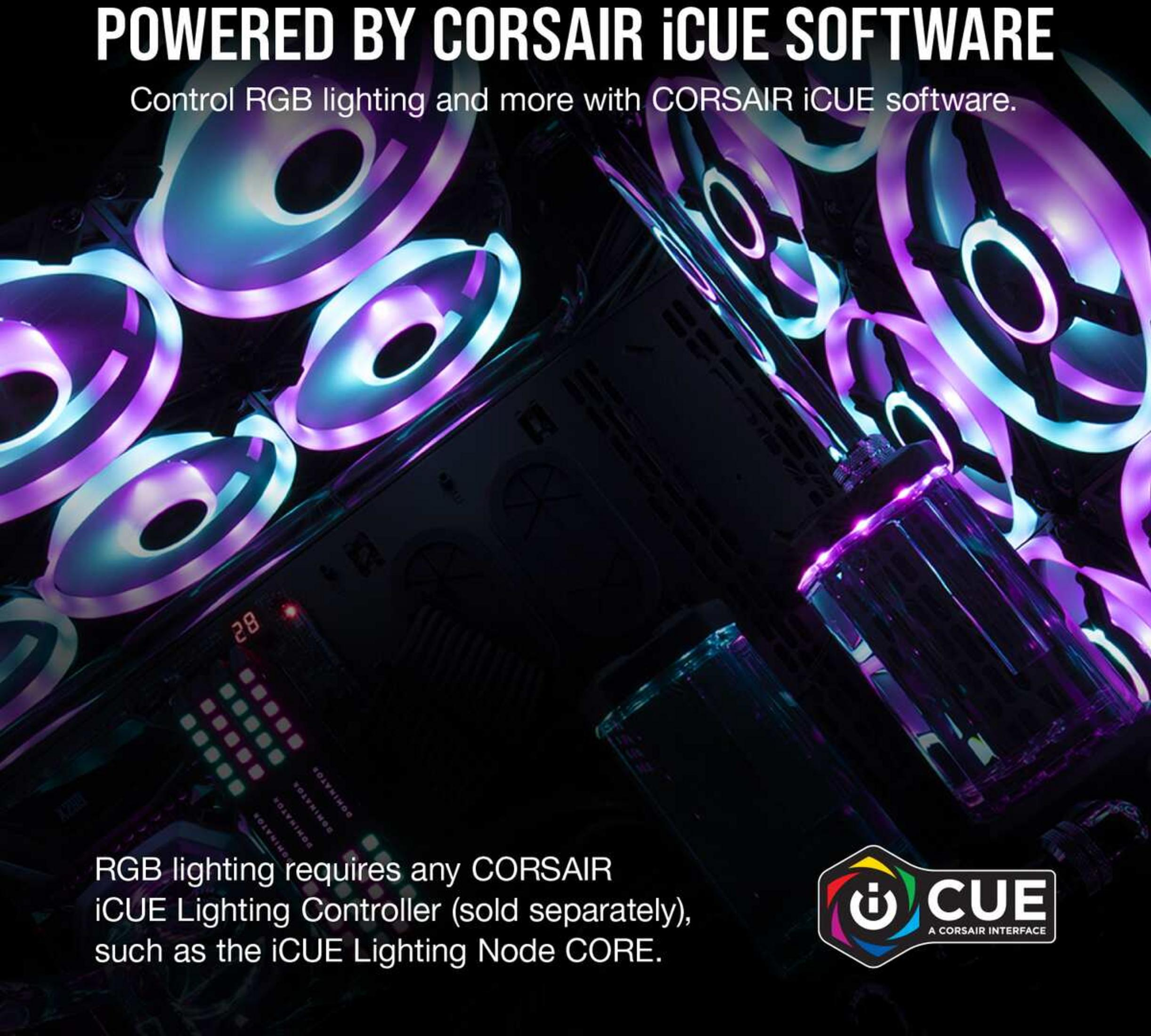 Corsair iCUE Software-gesteuerte RGB-Lüfter und ein Controller.