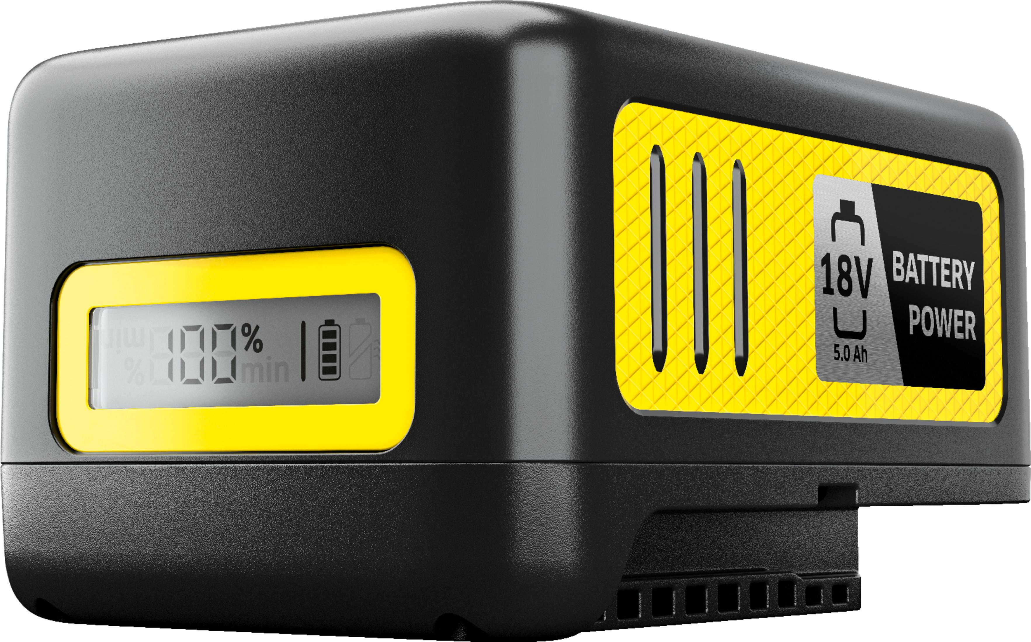 Schwarzer 18V Akku mit gelbem Einsatz und Digitalanzeige. 100% geladen.