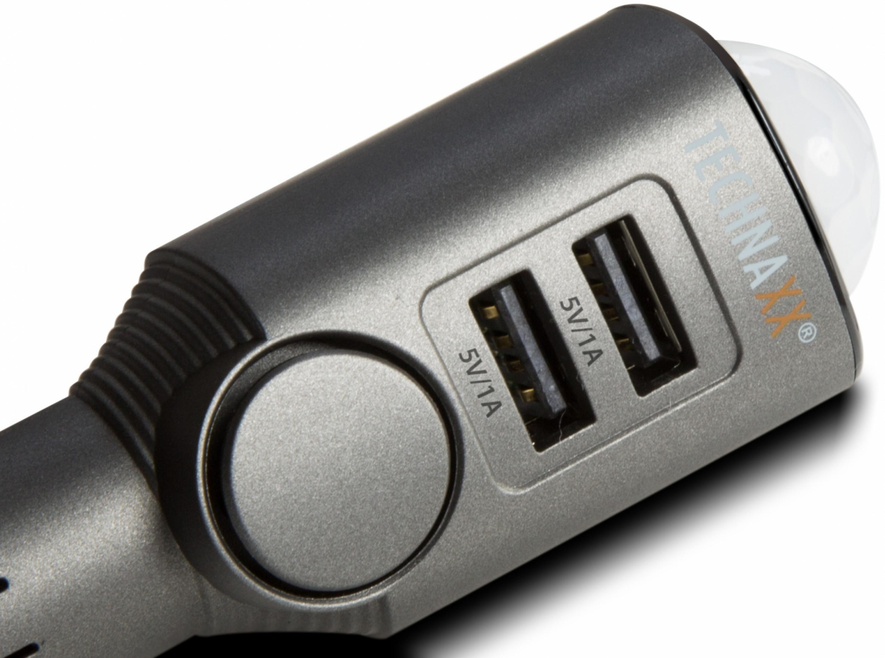 Grauer USB-Adapter mit zwei Anschlüssen und einem runden Knopf.