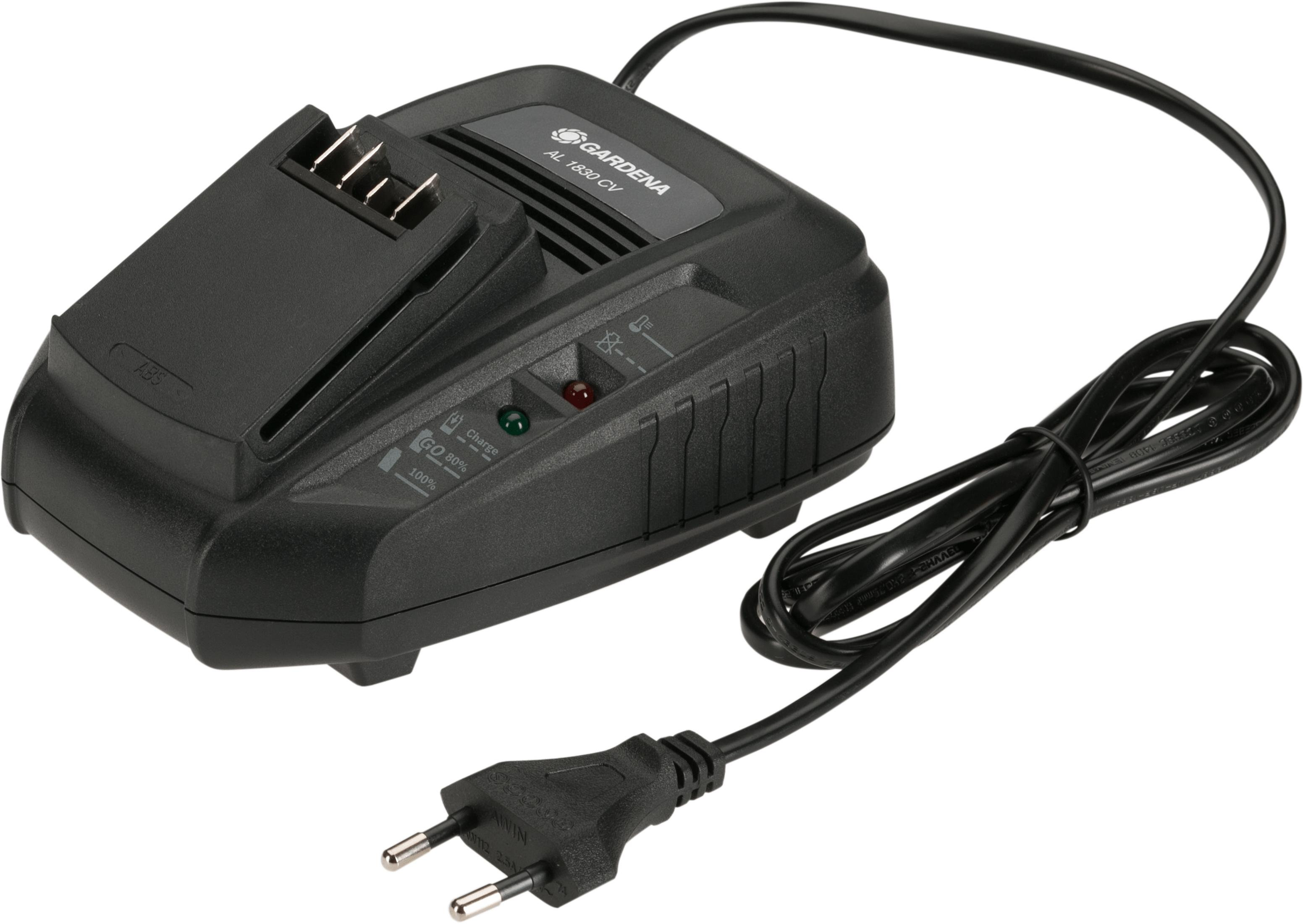 Schwarzes Gardena AL 1830 CV Ladegerät mit Kabel und Stecker.