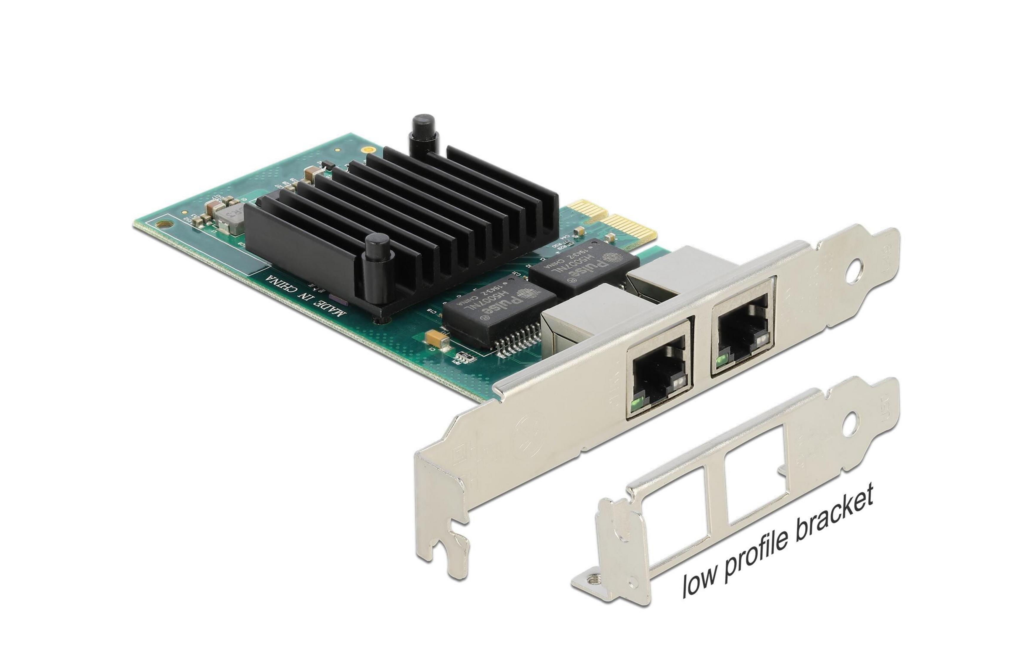Scheda di rete con dissipatore nero, due porte RJ45 e staffa staccabile.
