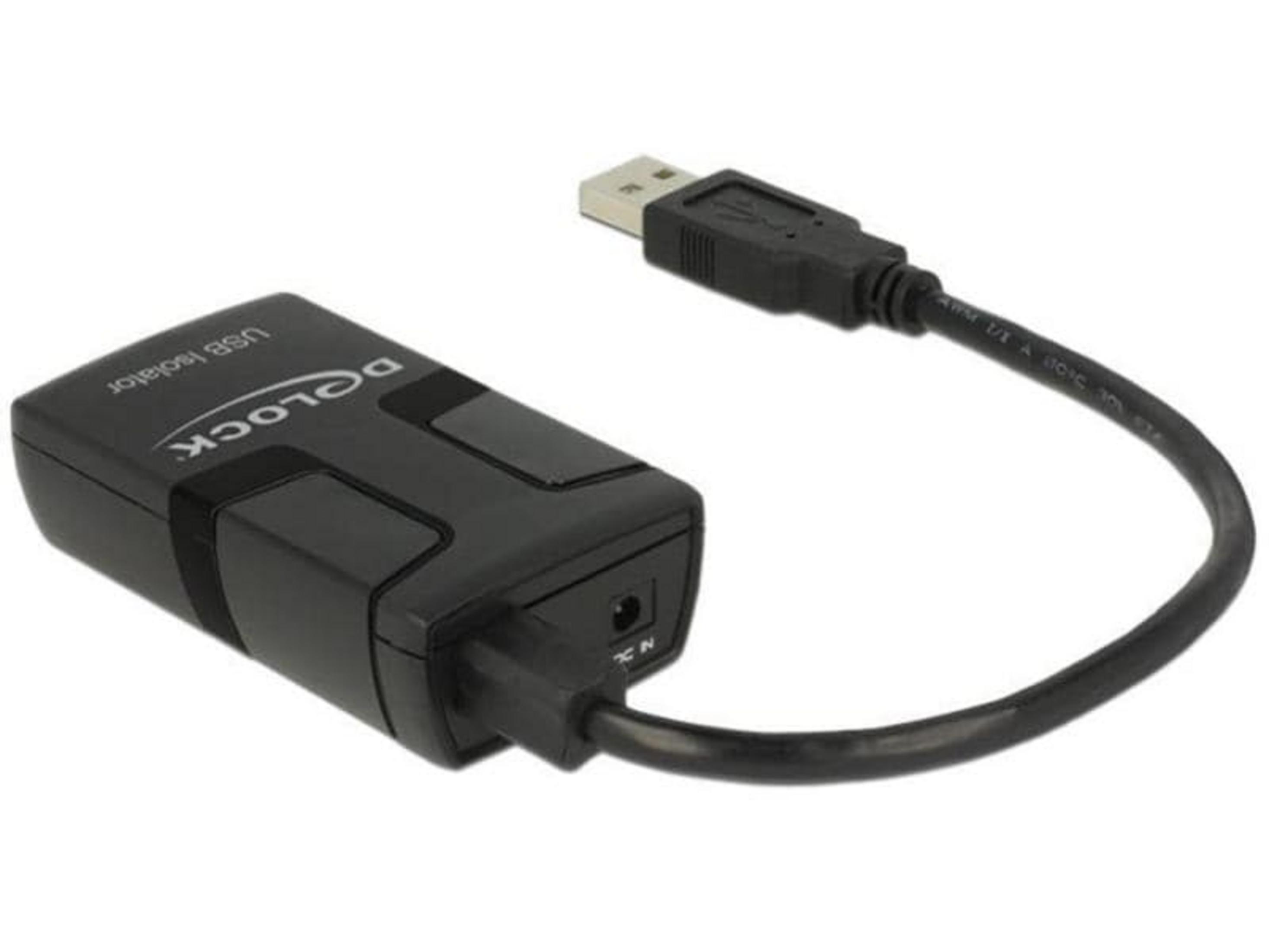 Ein schwarzer DeLcok USB-Isolator mit einem angeschlossenen USB-Kabel.