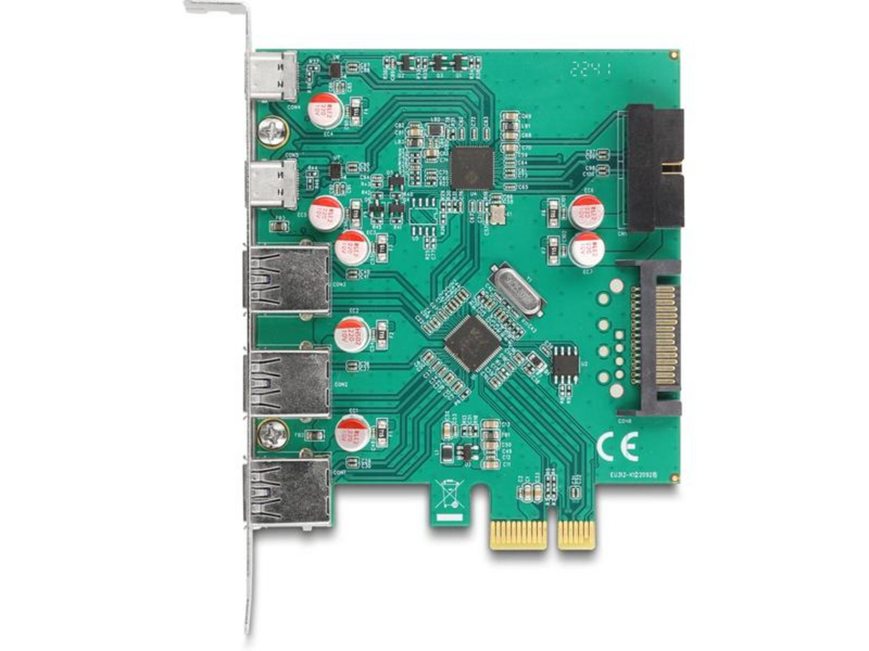 Grüne Platine mit USB-Anschlüssen und SATA-Port, CE-Zeichen.