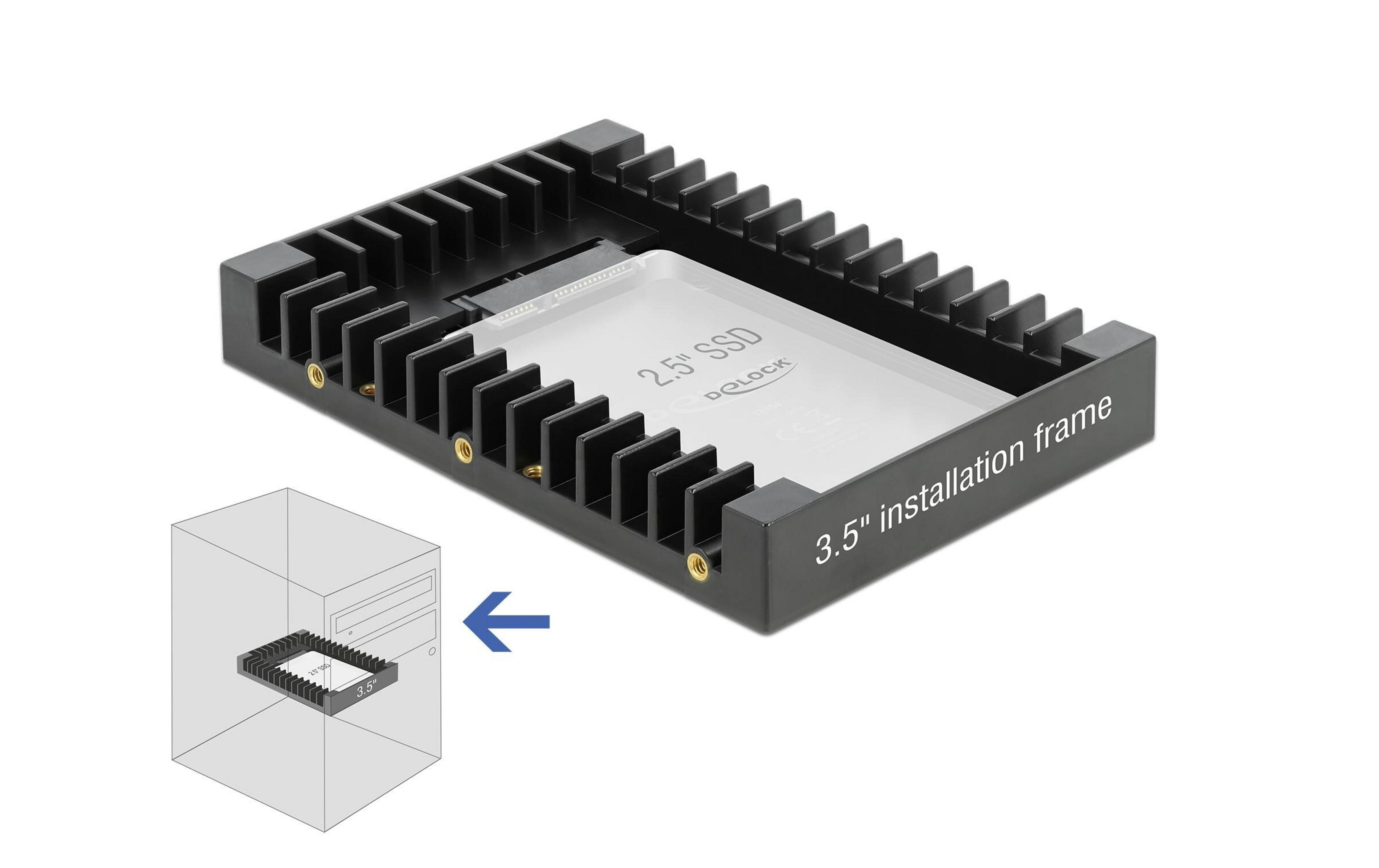 Schwarzer 3,5-Zoll-Einbaurahmen für 2,5-Zoll-SSDs mit Kühlrippen.