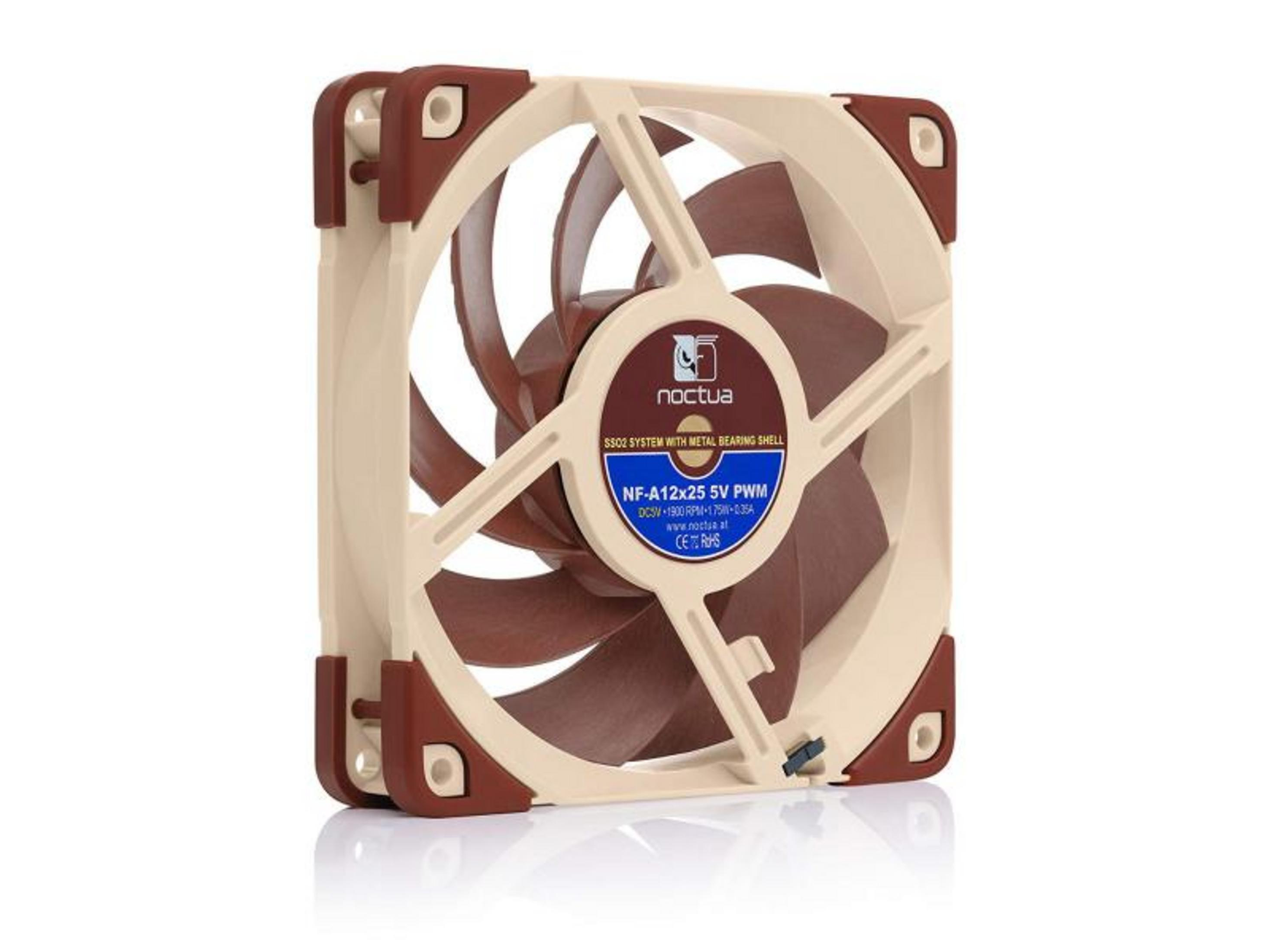 Una ventola Noctua marrone e crema con logo e specifiche su sfondo bianco.