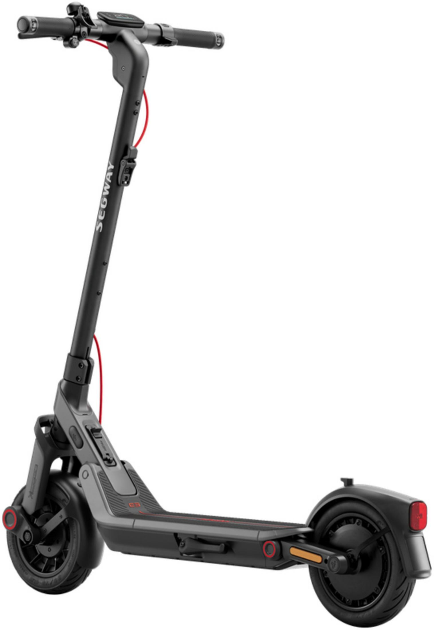 Ein grauer Segway-Elektroroller mit roter Bremsleitung und schwarzem Lenker.