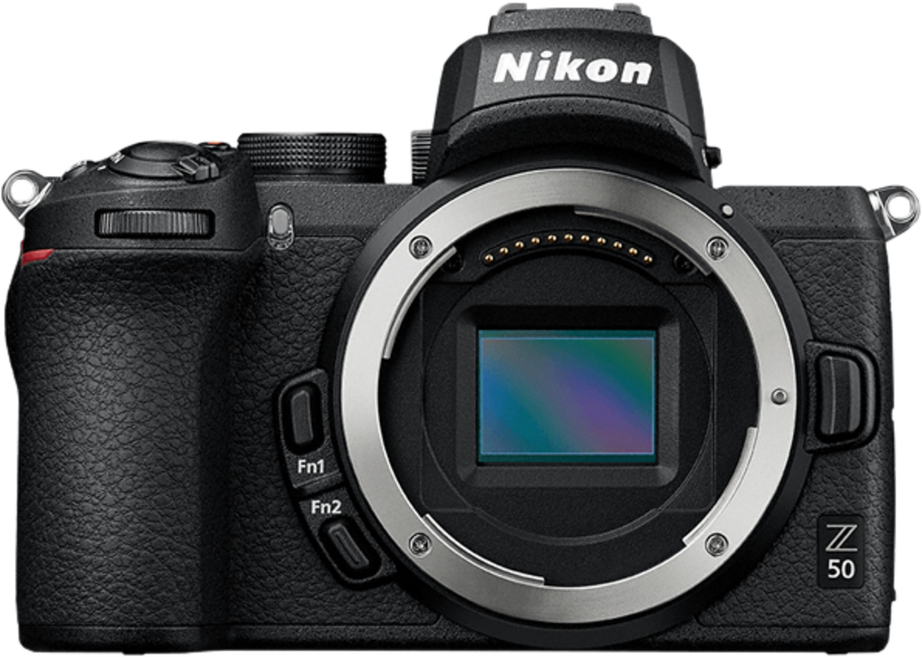 Eine schwarze Nikon Z 50 Kamera mit sichtbarem Sensor und Objektivfassung.