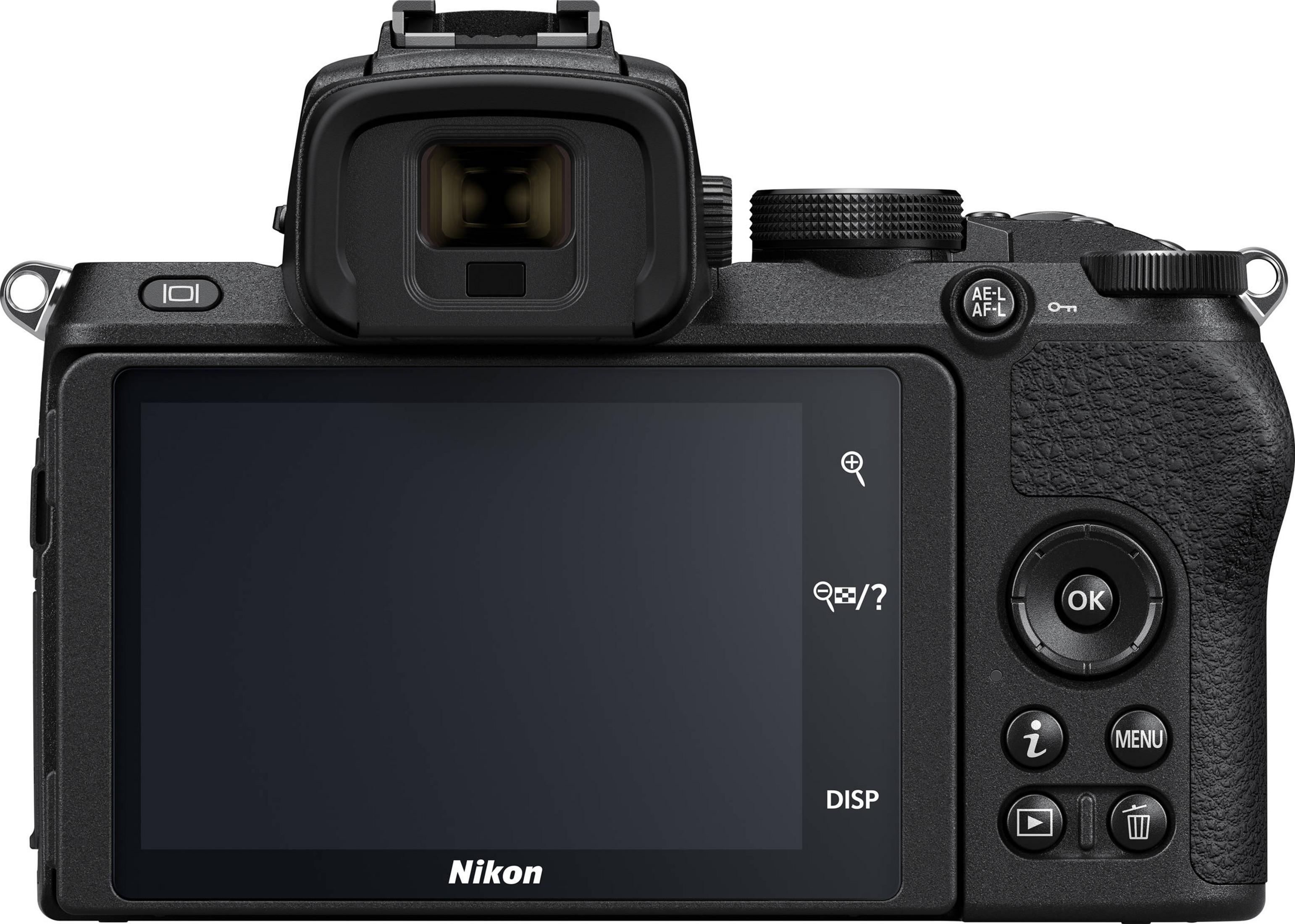 Rückseite einer schwarzen Nikon-Kamera mit LCD-Bildschirm und Bedienelementen.