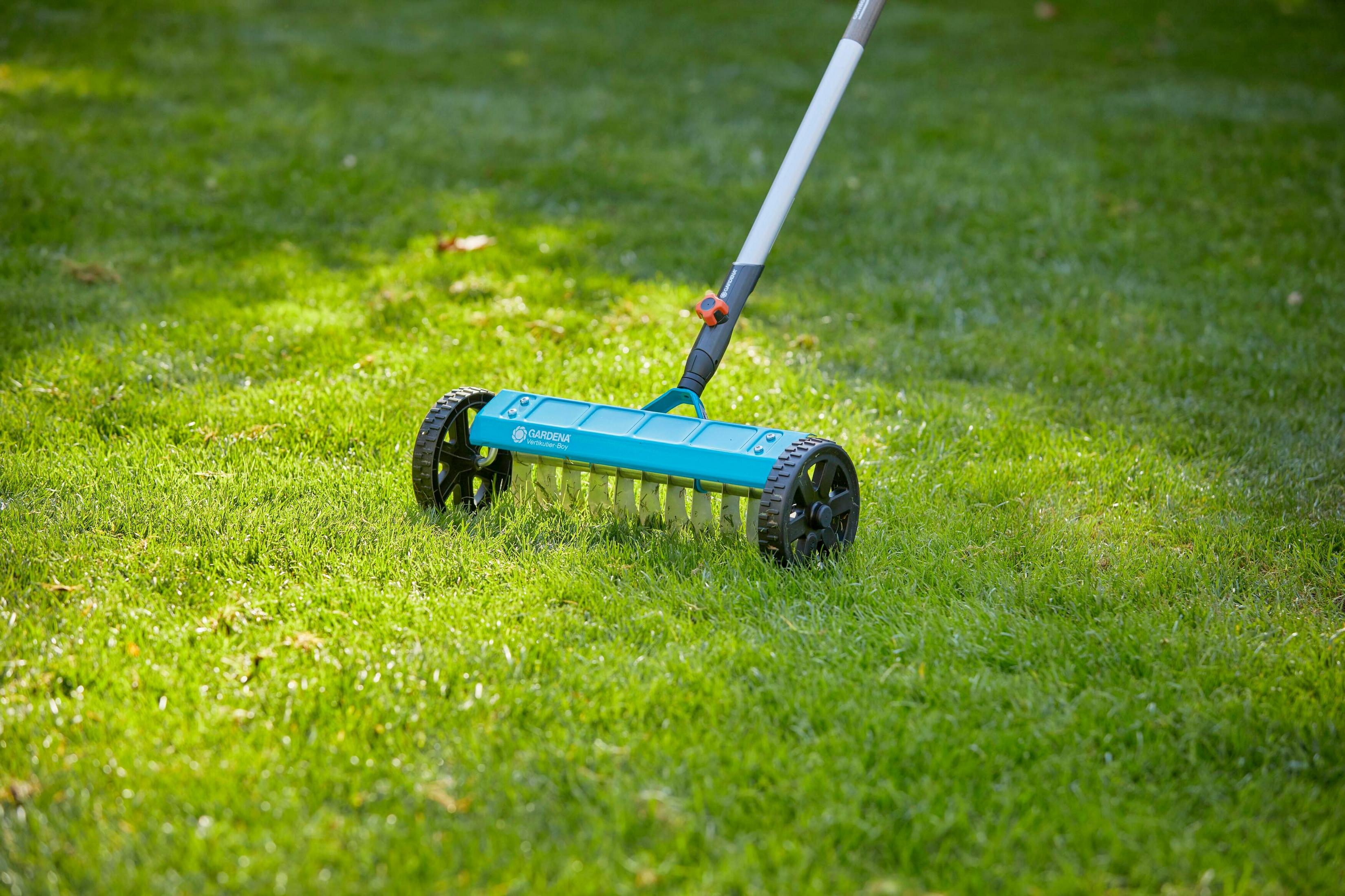 A lawn scarifier with wheels on green grass in sunlight.