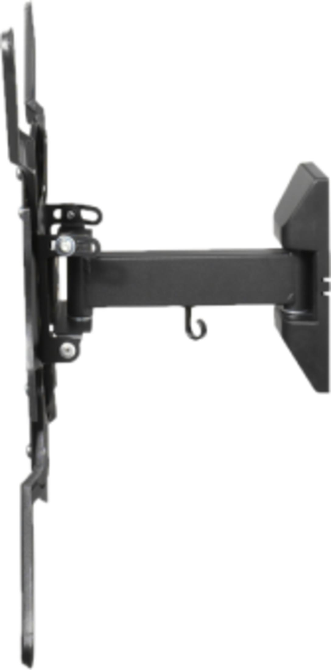Soporte de pared negro con brazo extensible y gancho.