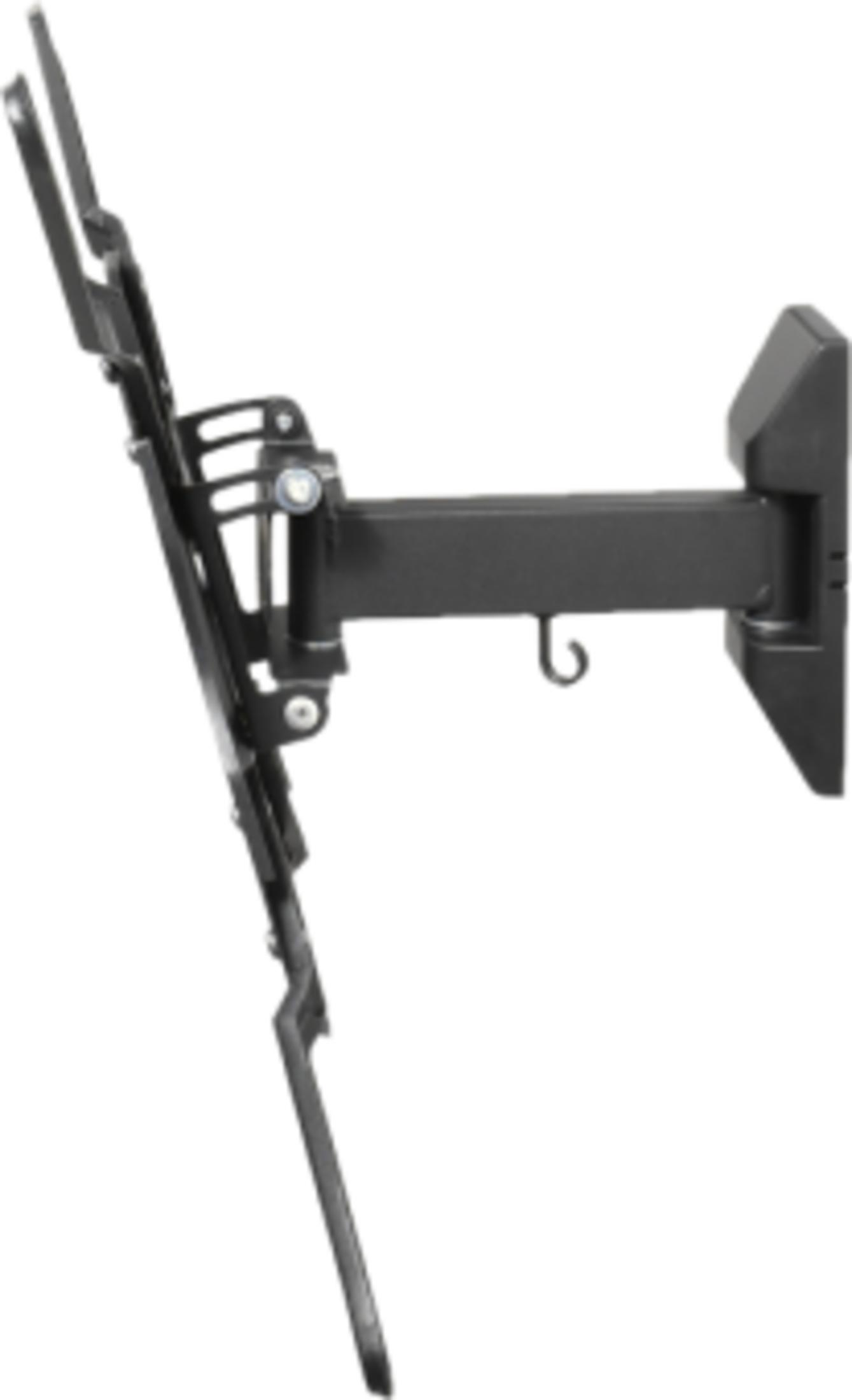 Soporte de pared para TV negro con brazo ajustable y gancho.