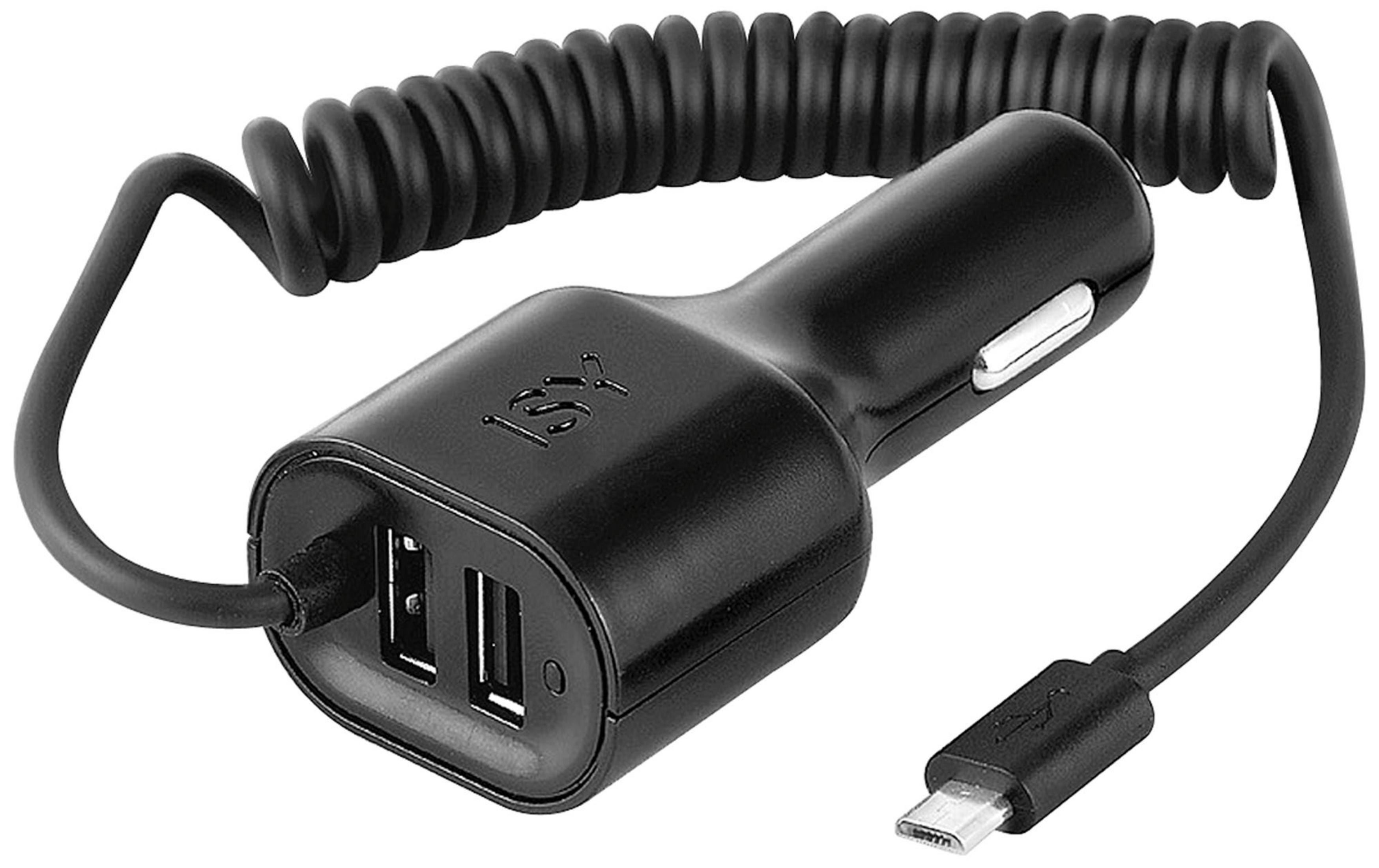 Black car charger with two USB ports and a coiled cable.