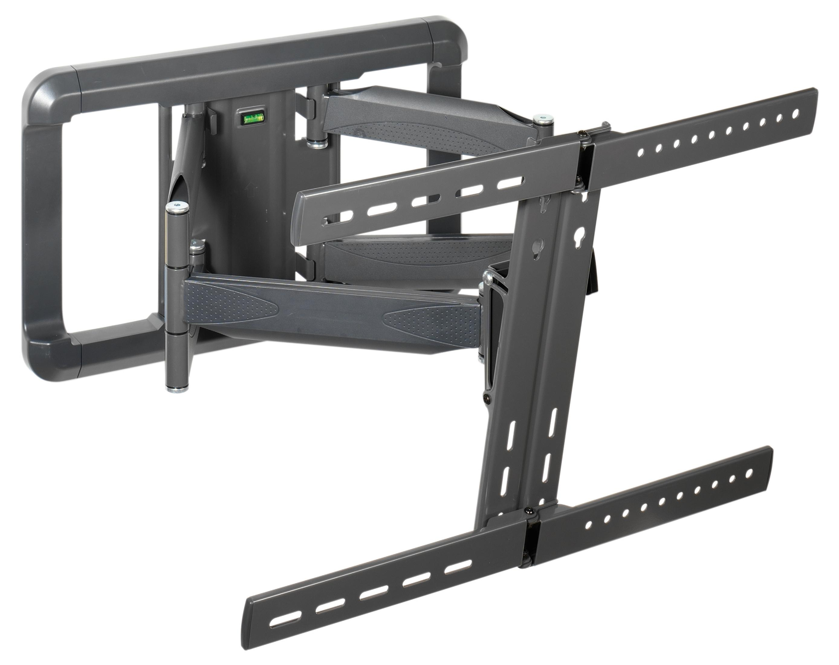 Un soporte de pared articulado de metal oscuro para televisores, con brazos móviles.