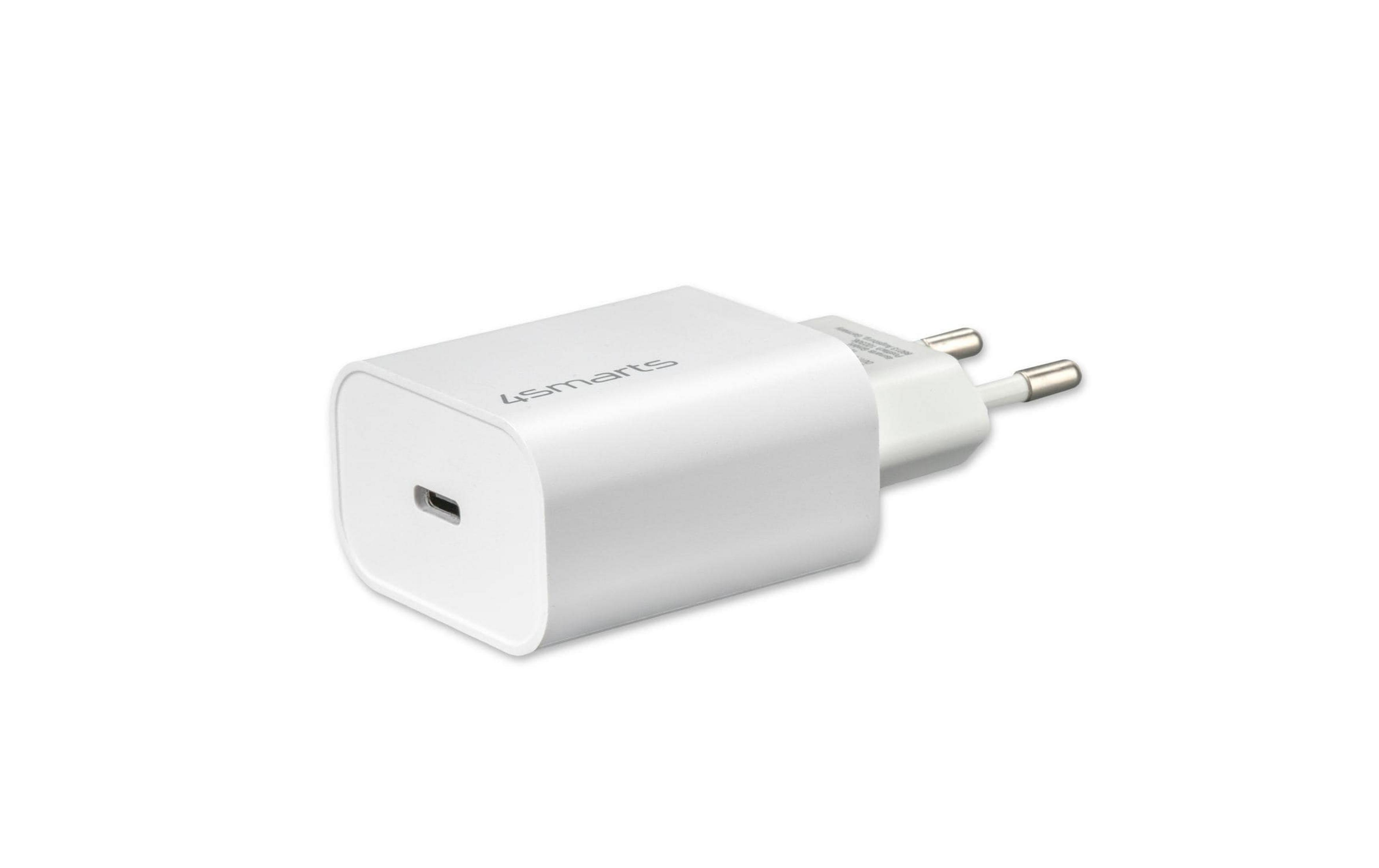 Ein weißer USB-C-Ladestecker mit zwei flachen Metallstiften.