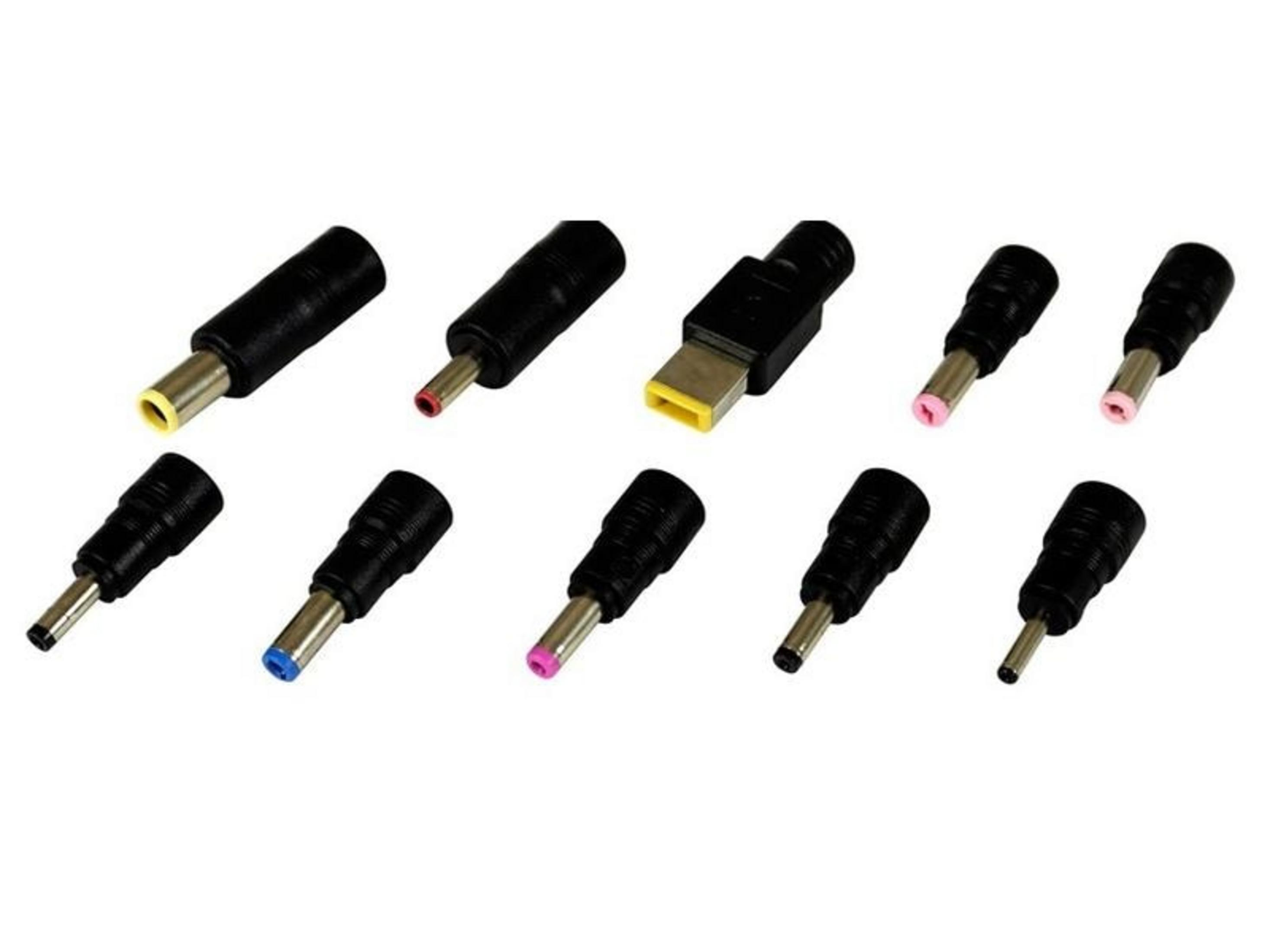 Dziesięć czarnych końcówek zasilacza do laptopa z kolorowymi końcami na białym tle.