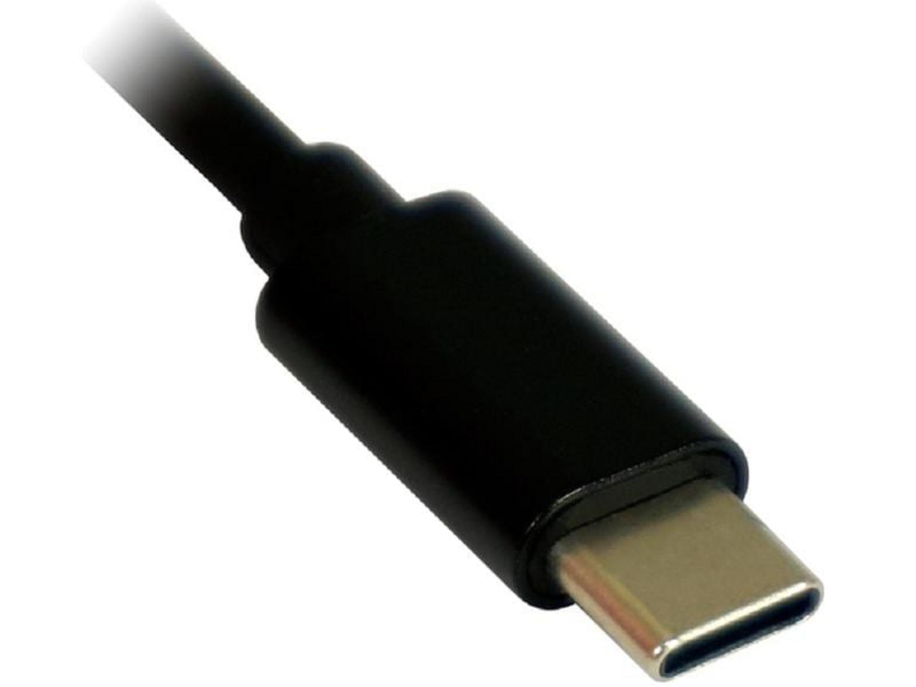 Czarny kabel USB-C ze srebrną wtyczką na białym tle.