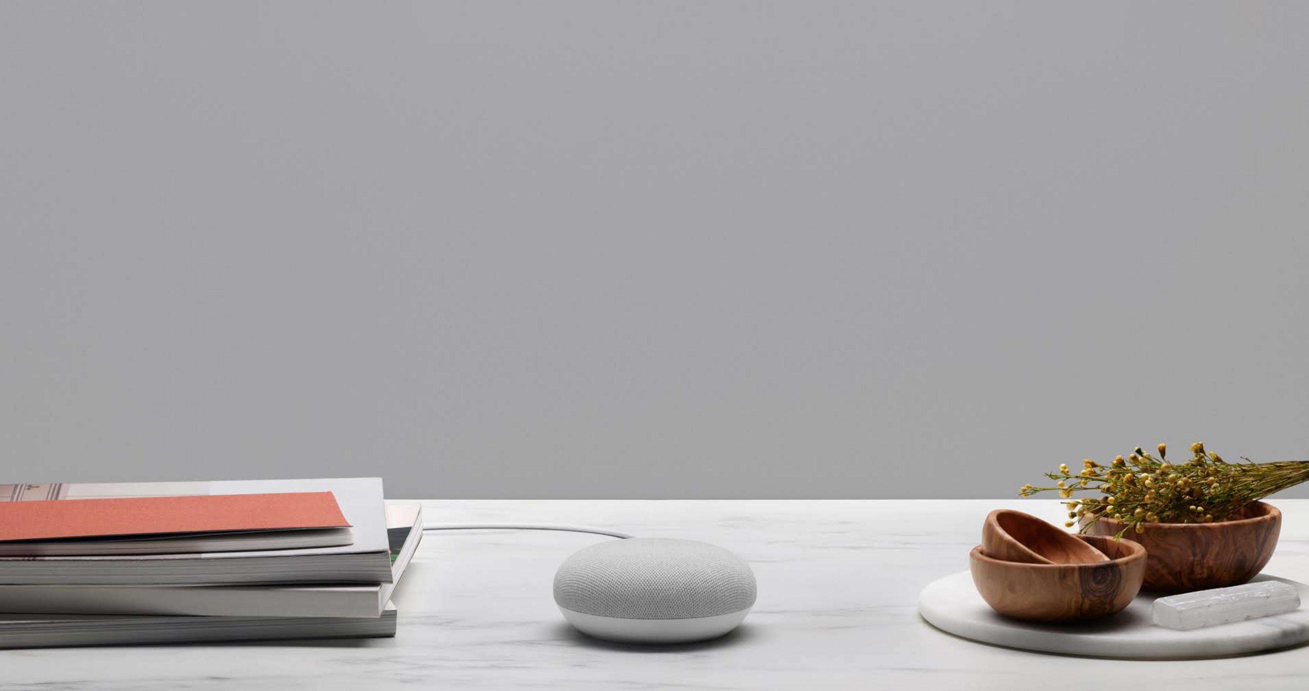 Szary inteligentny głośnik obok książek i drewnianych misek z suszonymi kwiatami.