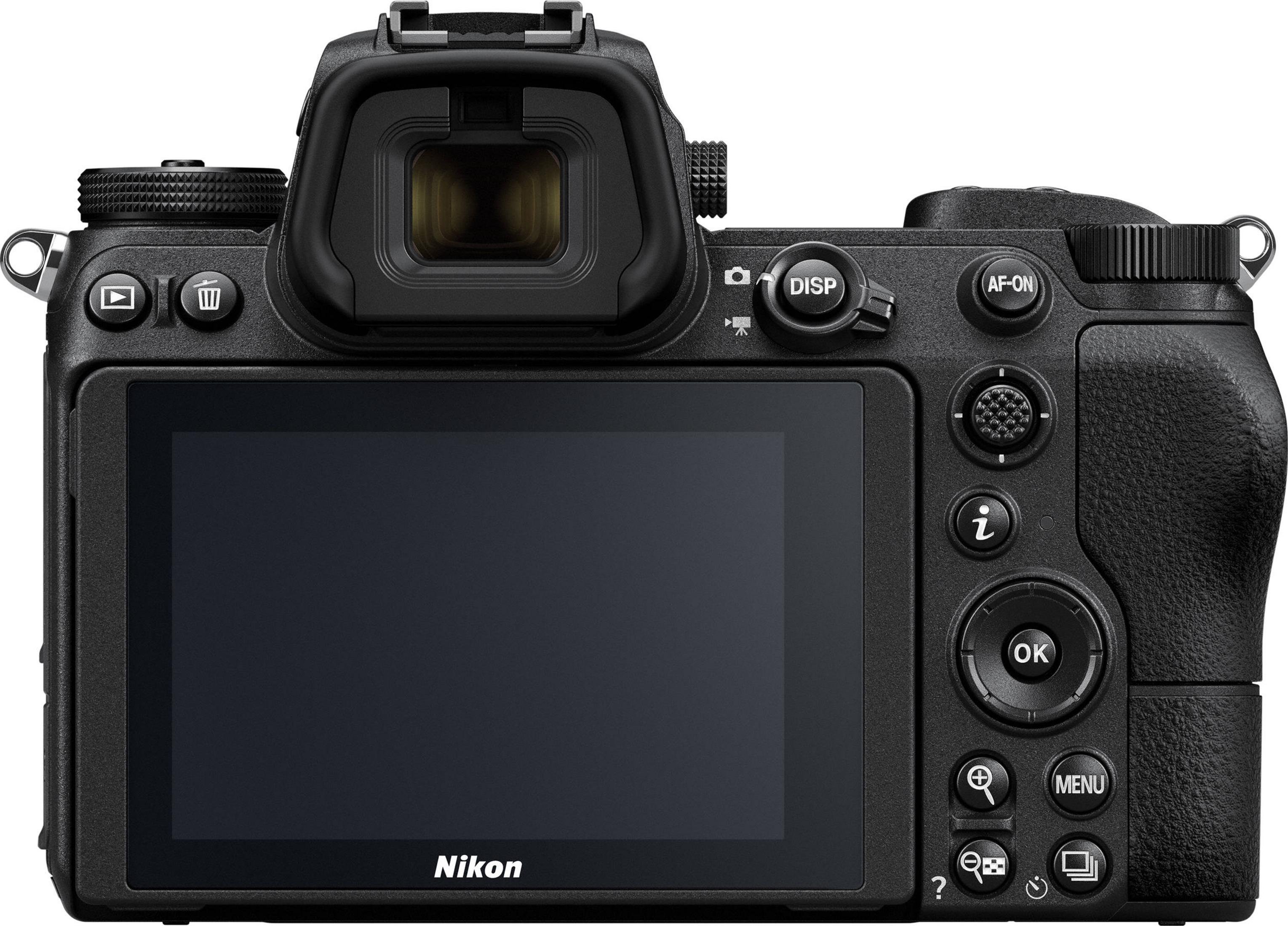Rückansicht einer schwarzen Nikon-Kamera mit großem Bildschirm und Bedienelementen.
