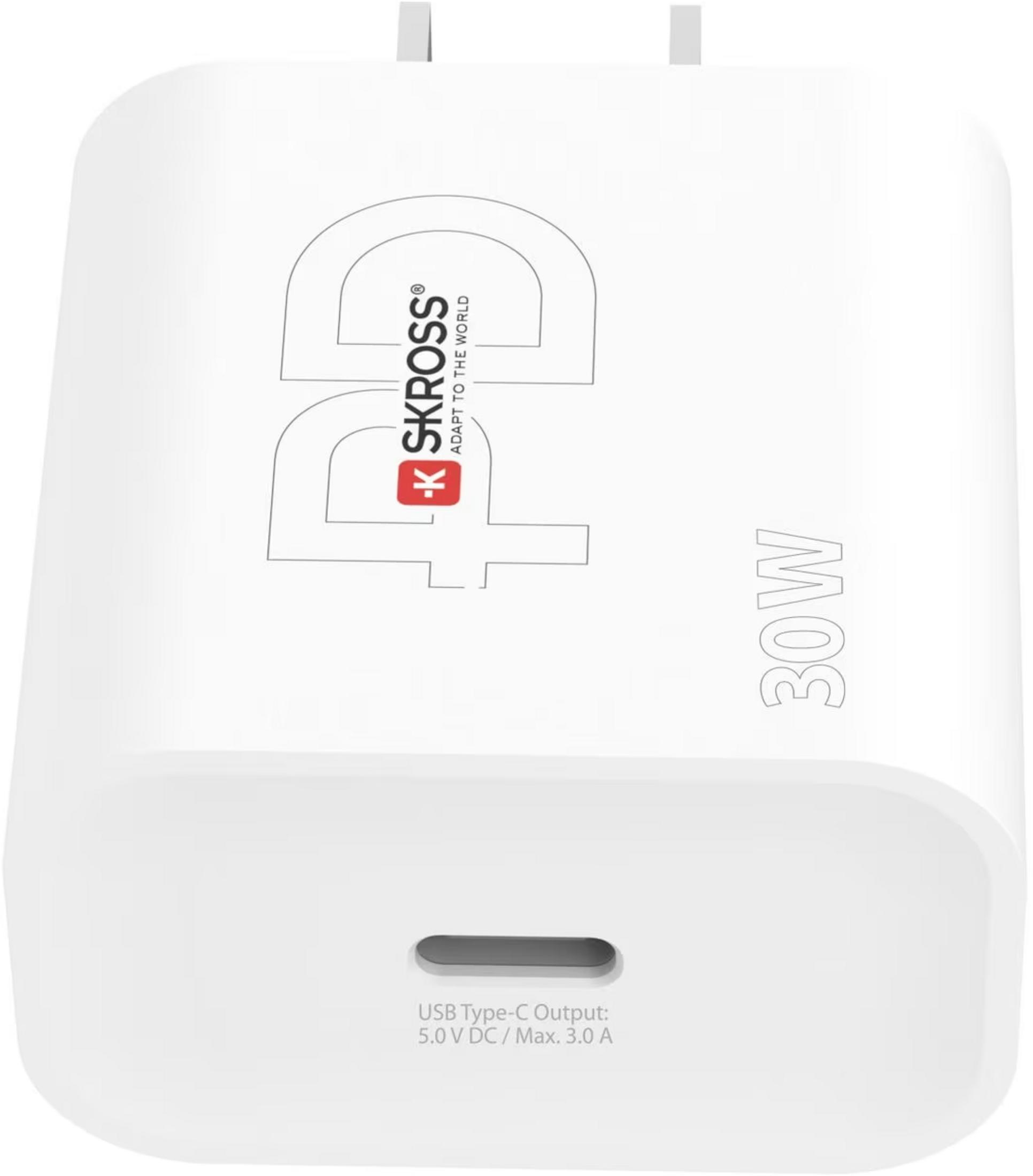 Ein weißes USB-C-Ladegerät mit 30W, Logo und Beschriftung.