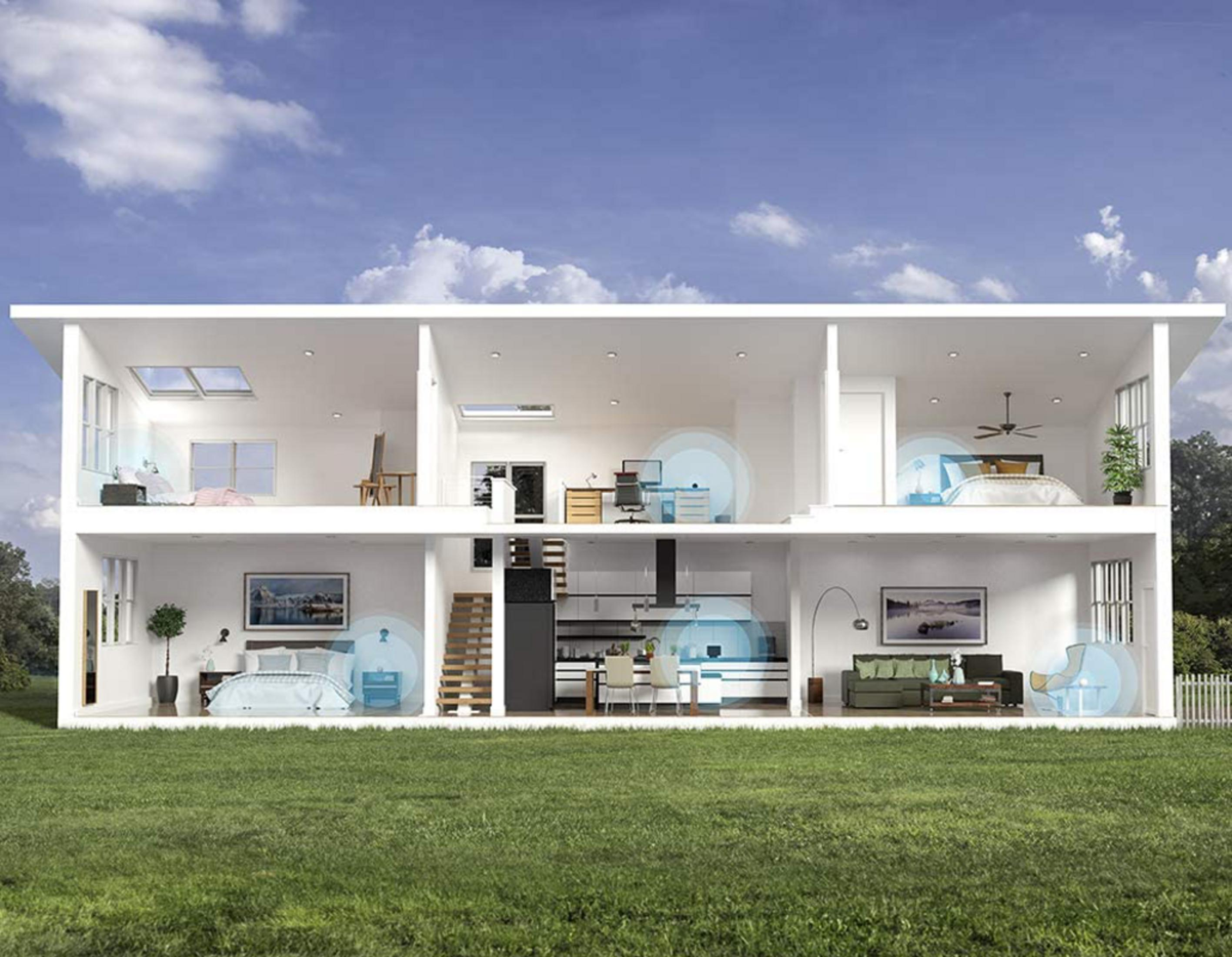 Querschnitt eines zweistöckigen Hauses mit möblierten Räumen, blauen Kreisen und Himmel.