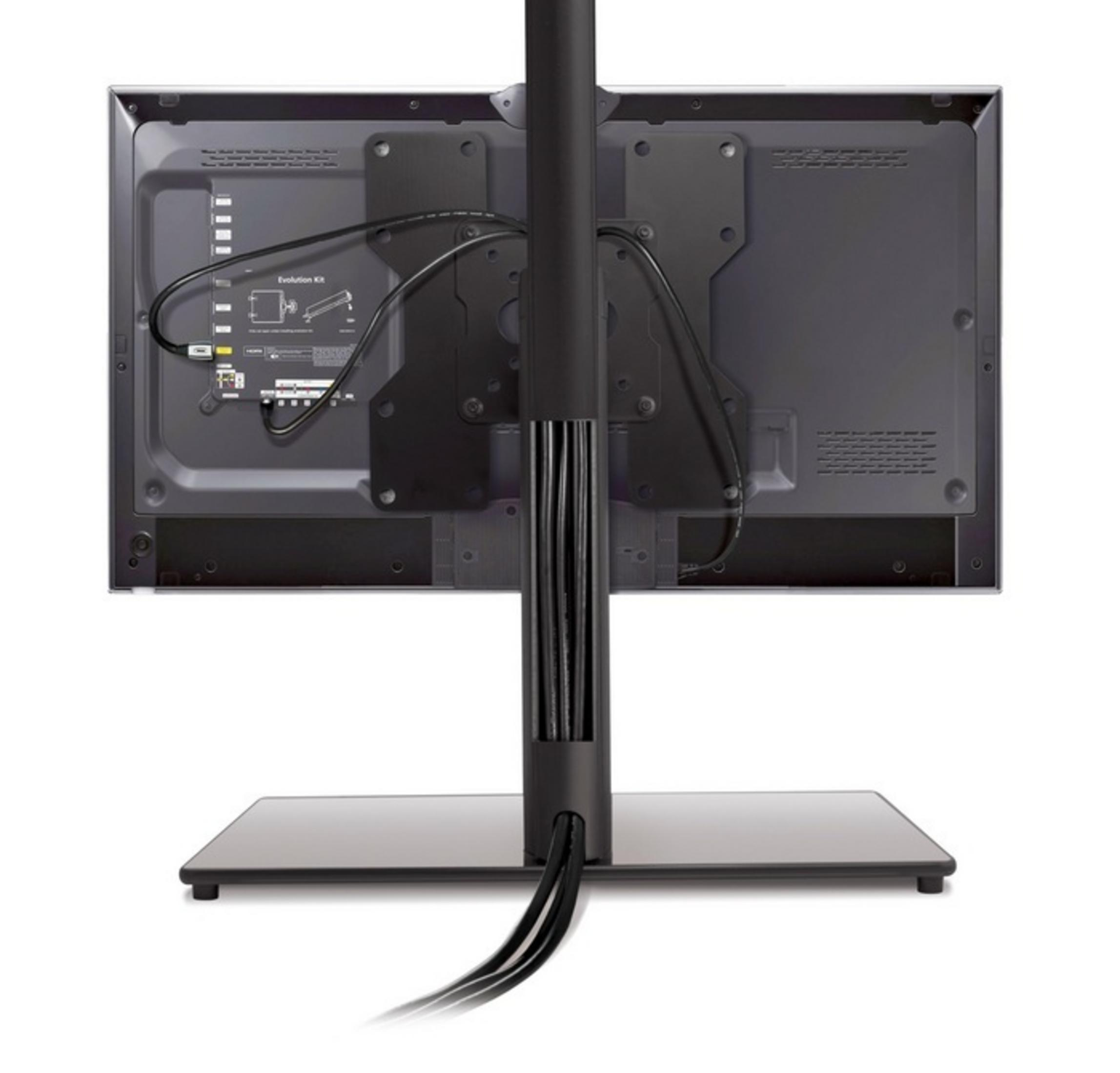 Rückseite eines Fernsehers mit Kabelmanagement und Standfuß.