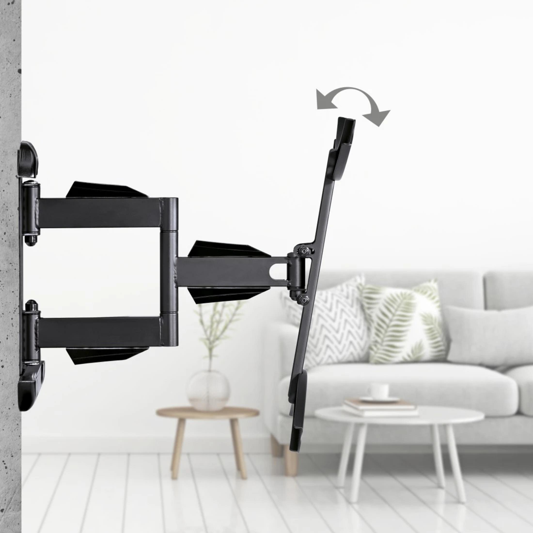 Soporte de pared negro para TV que se extiende desde una pared.