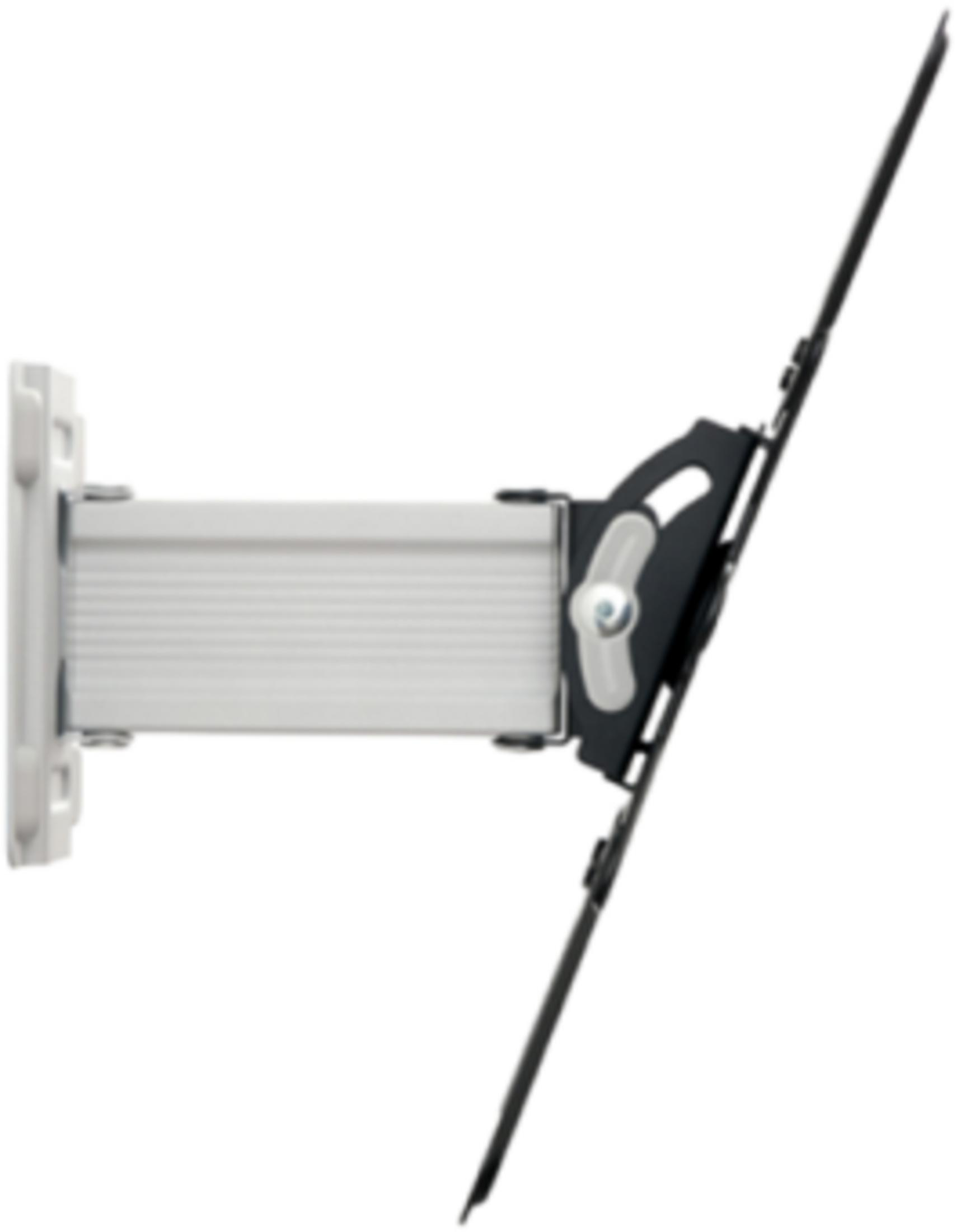 Ein weißer Wandhalter für einen Flachbildfernseher mit schwenkbarem Arm.