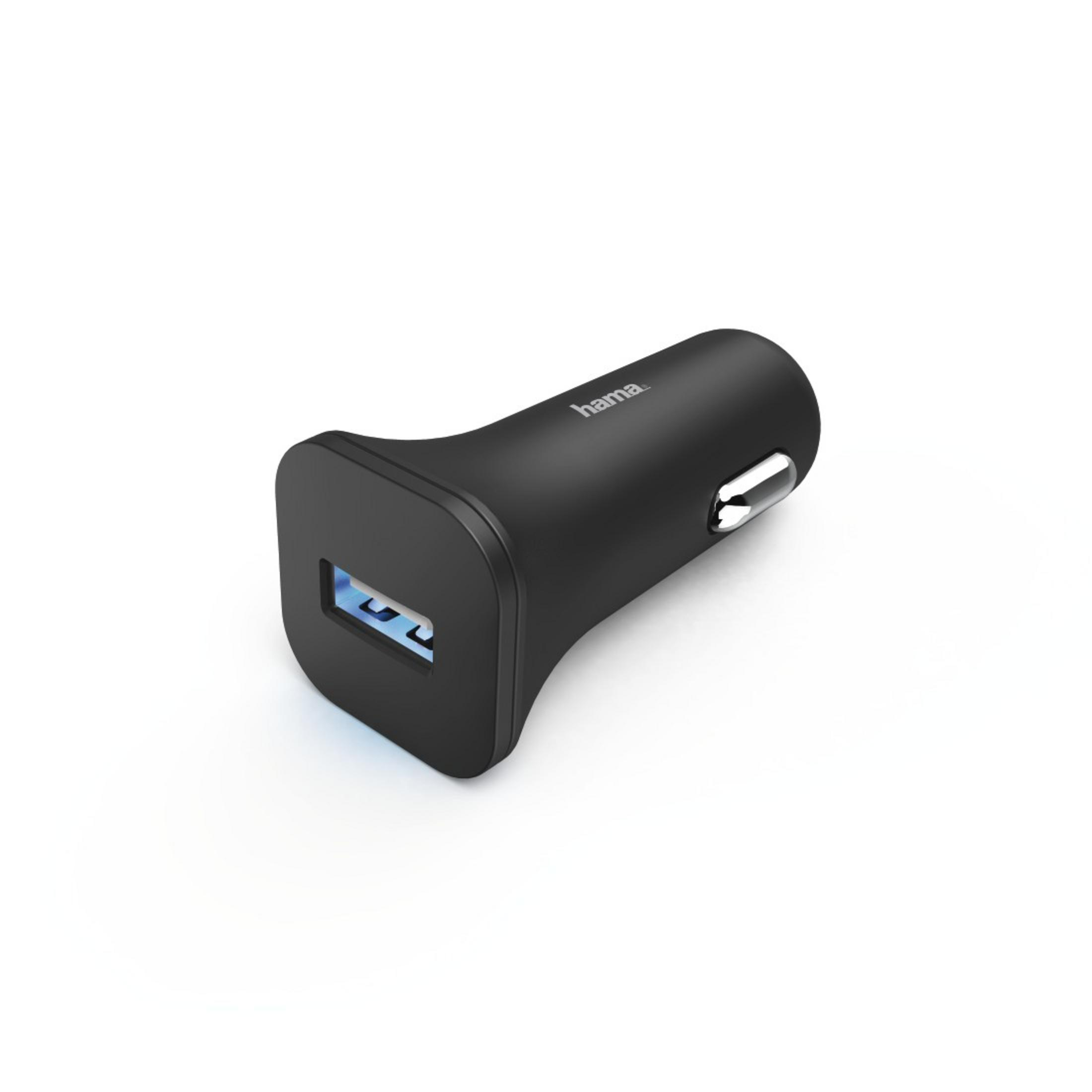 Ein schwarzer Hama USB-Autoladegerät mit blauen Ladeanzeigen.