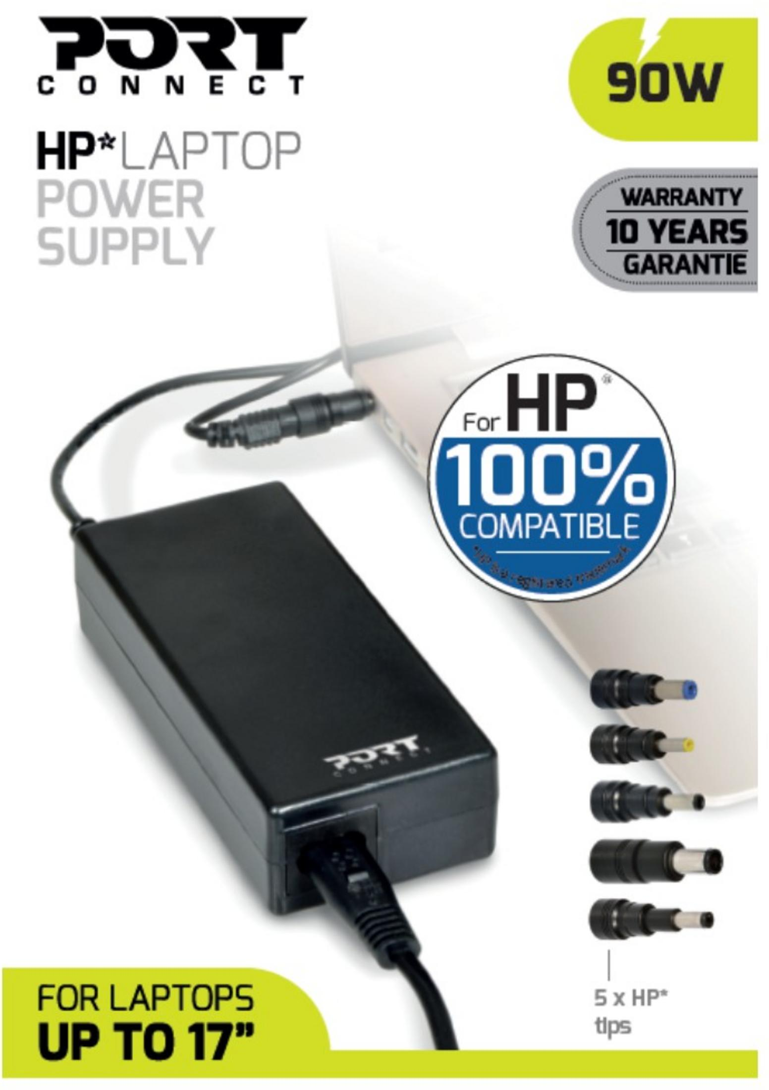 Czarny zasilacz do laptopa HP z kablami i 5 końcówkami HP. 90W, 10 lat gwarancji.