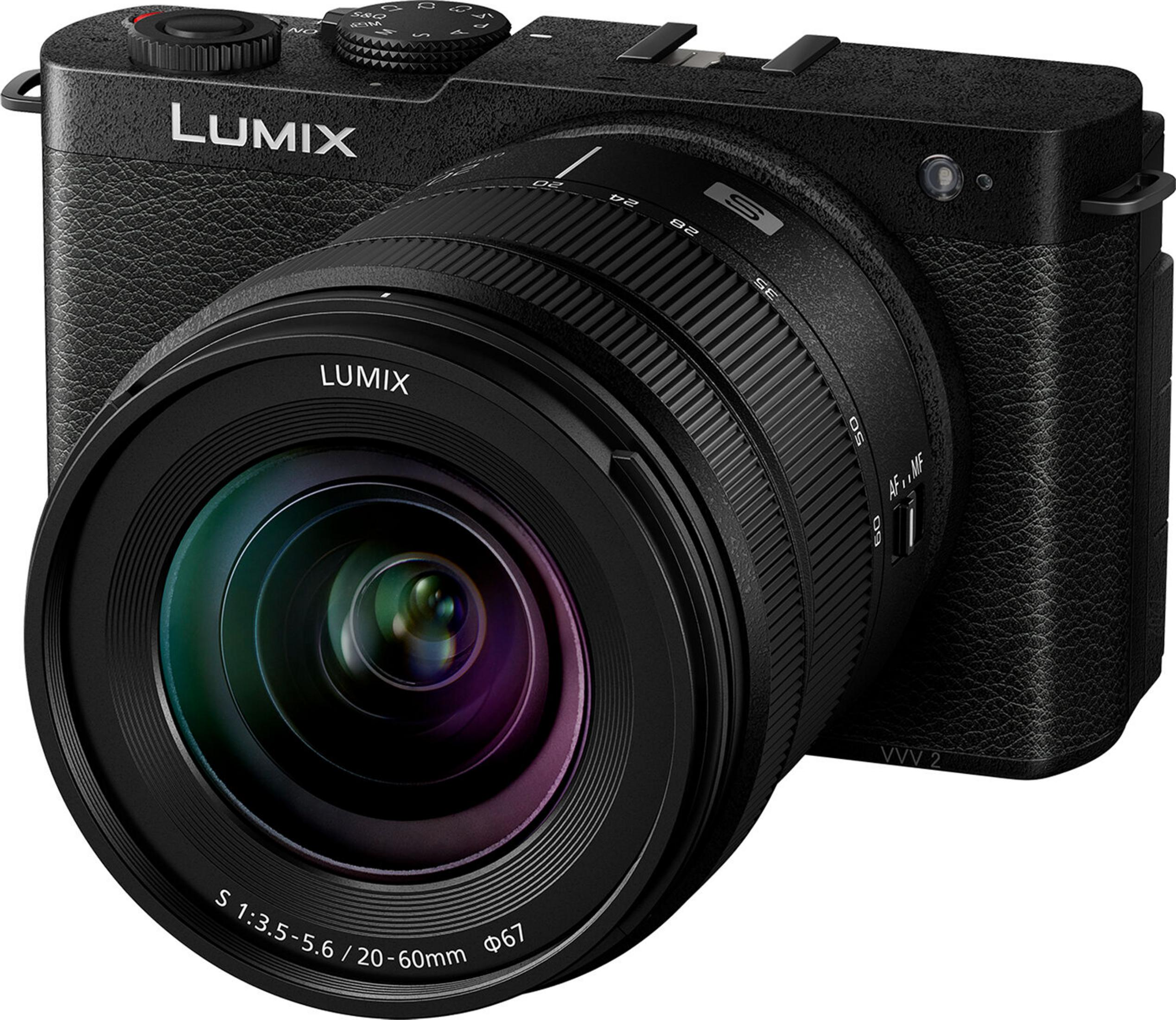 Schwarze Lumix Kamera mit Objektiv, Zoom 20-60mm, Blende 3.5-5.6.