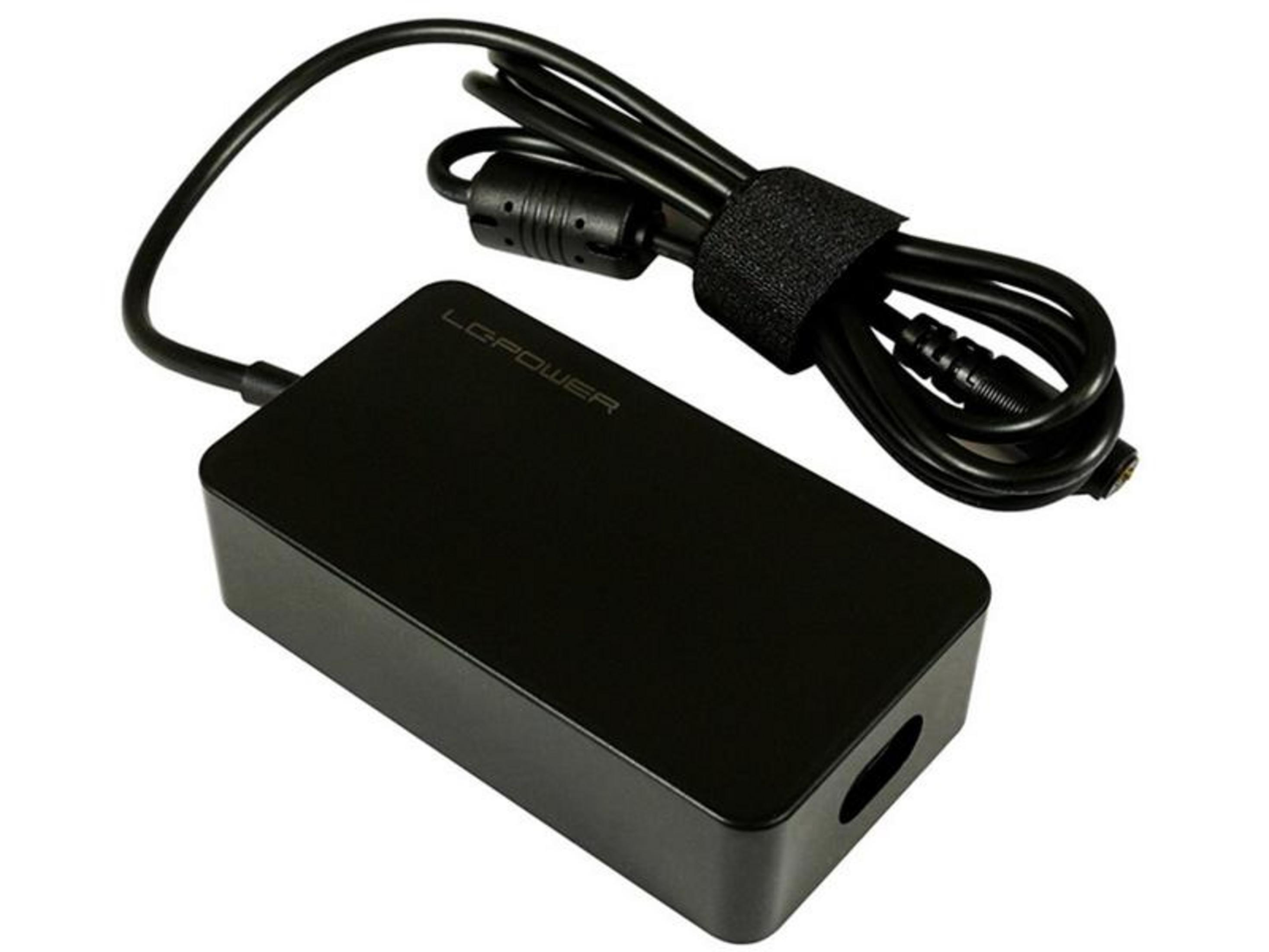 Czarny zasilacz z kablem i paskiem na rzepy.