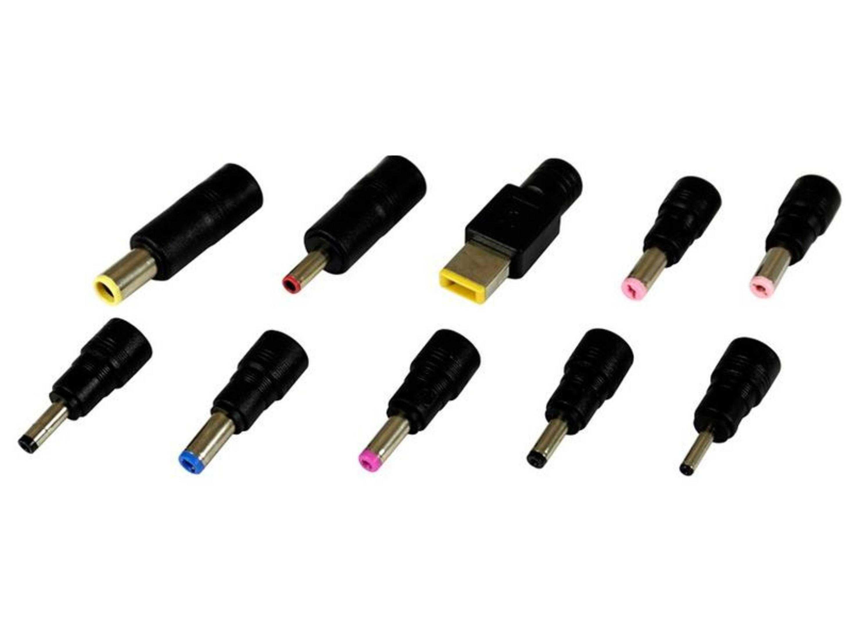 Dziesięć czarnych wtyczek z kolorowymi końcówkami w kolorze czerwonym, żółtym, niebieskim i różowym.