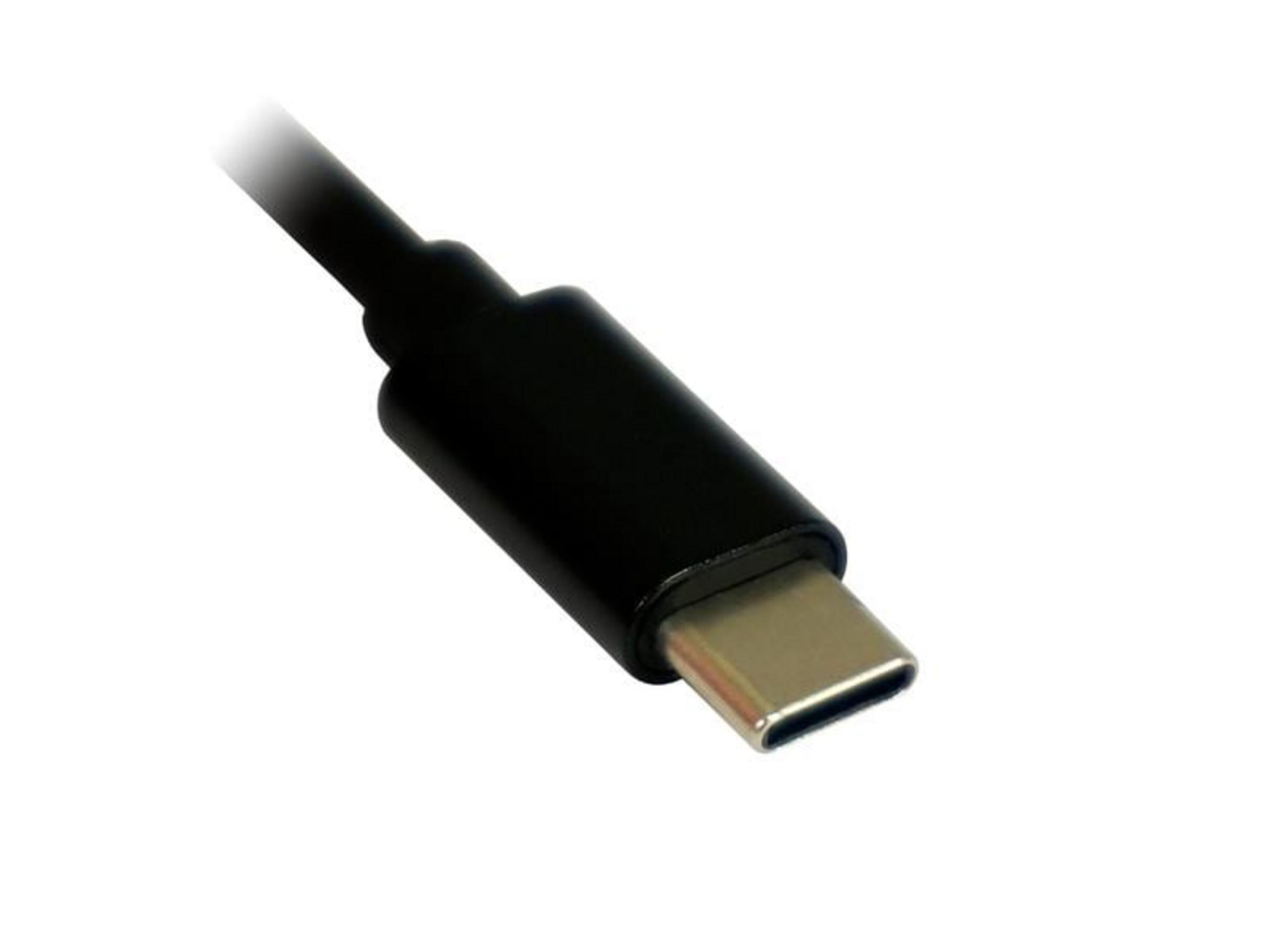Zbliżenie czarnego kabla USB-C z metalową wtyczką na białym tle.