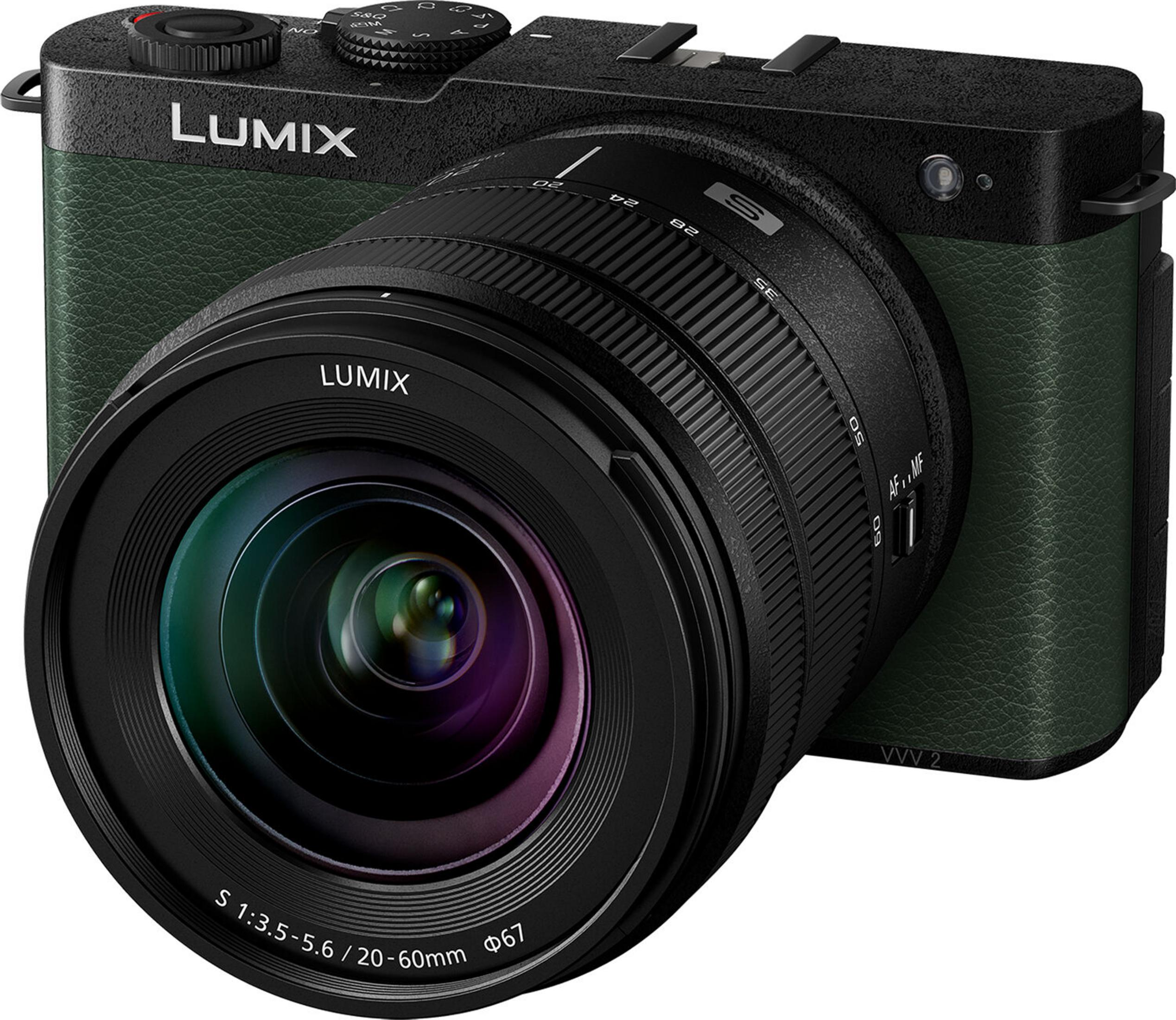 A green Lumix camera with a lens, on a white background.