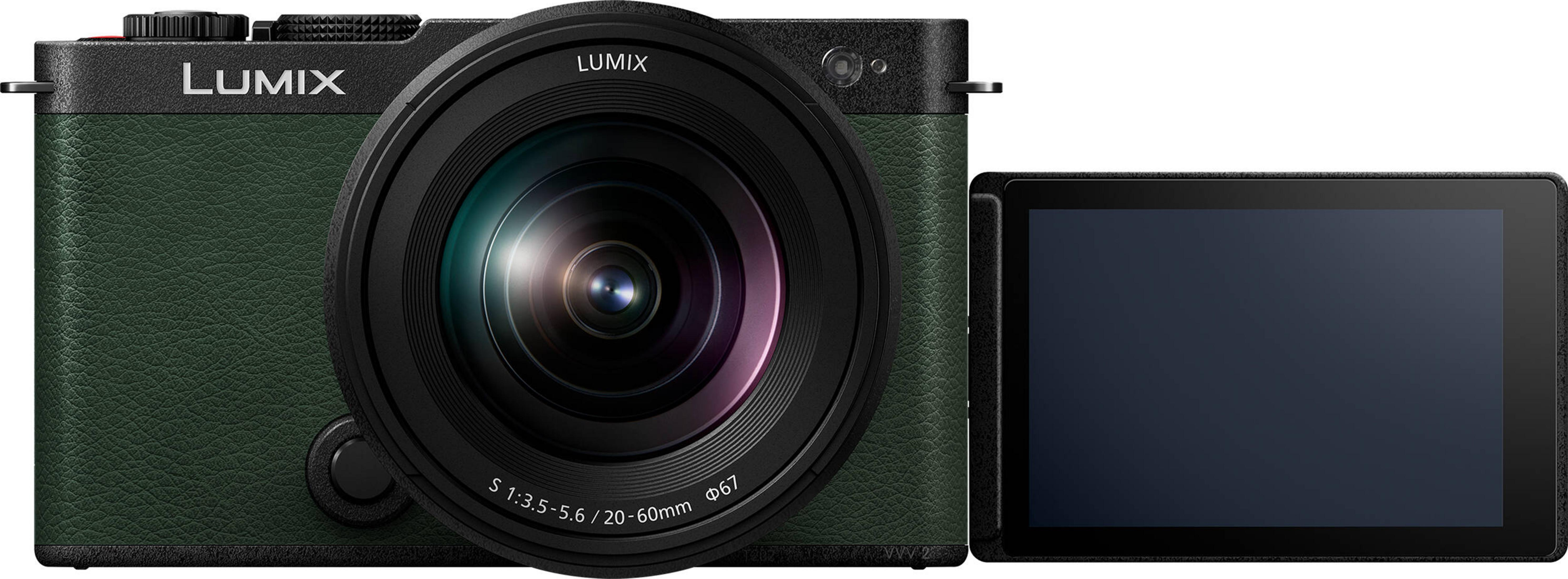 A green Lumix camera with lens and screen.