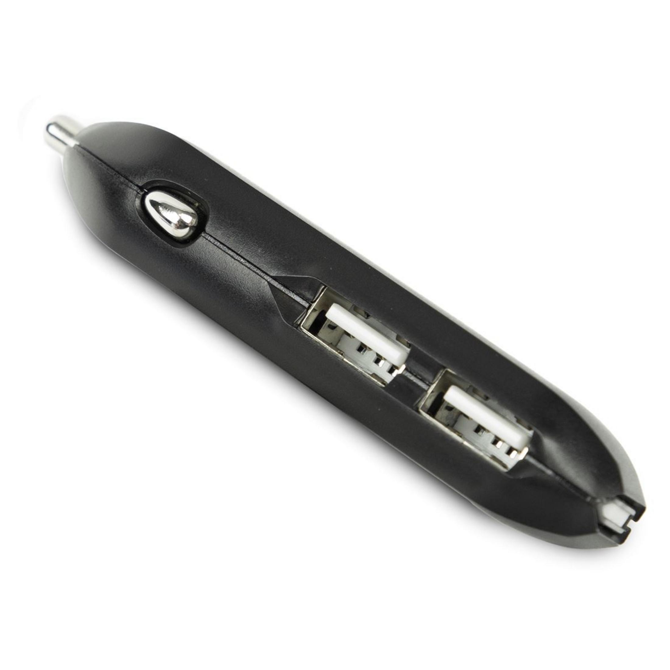 Un adaptador de coche negro con dos puertos USB.