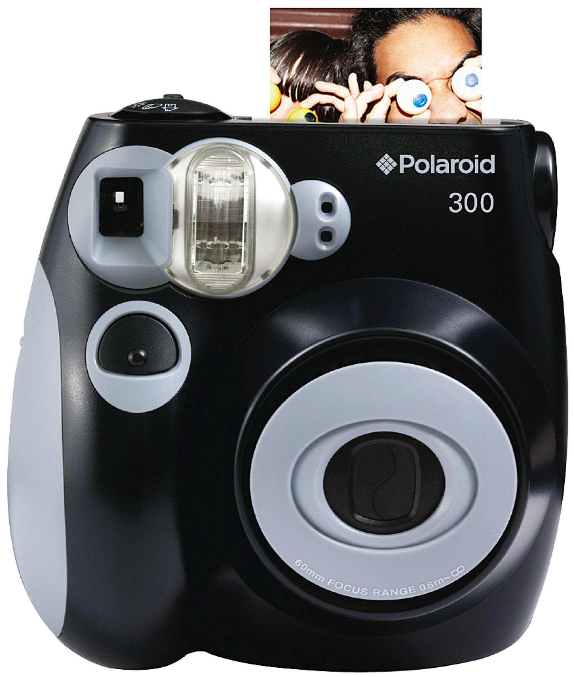 Fotocamera istantanea Polaroid 300 nera con foto di due persone che guardano nel binocolo.