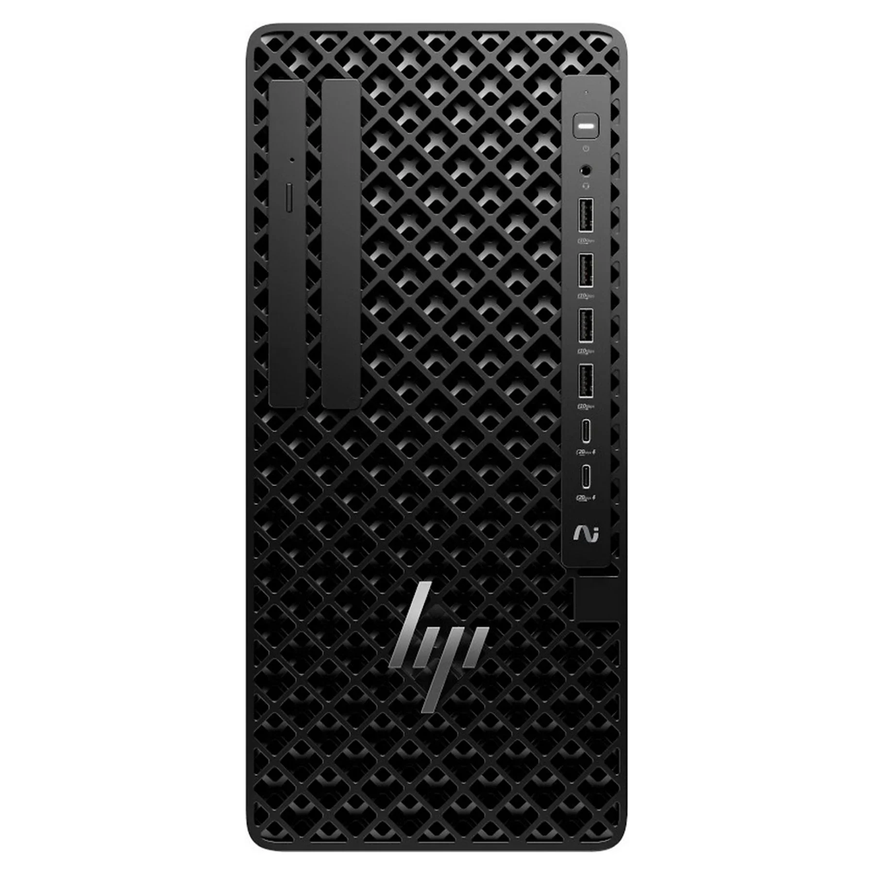 Tower del computer nero con griglia di ventilazione e logo HP.