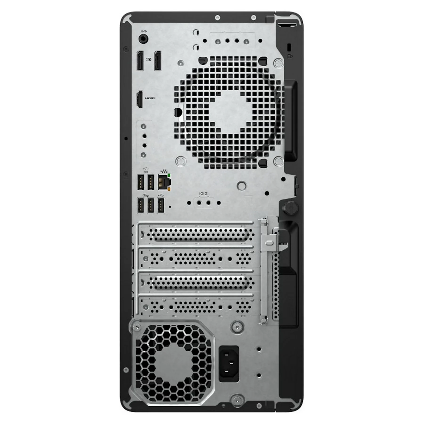 Retro di un PC con porte, ventole e slot di espansione.