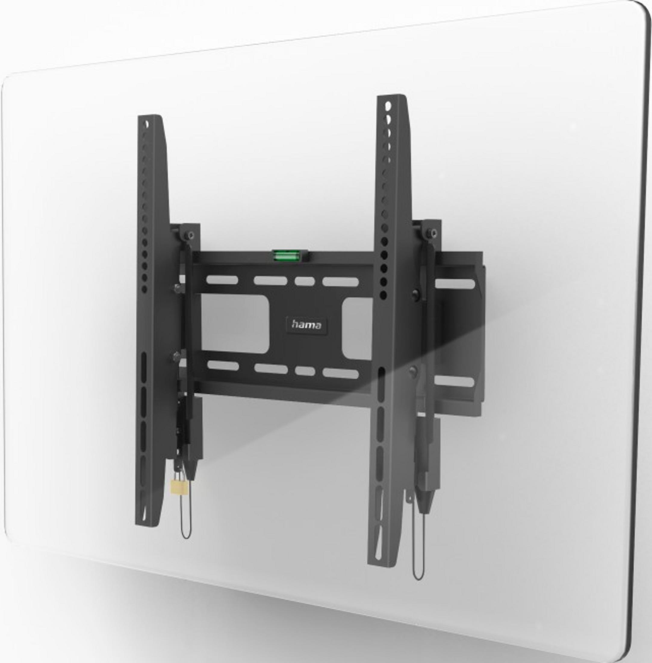 Ein schwarzer Fernseherhalter mit Hama-Logo auf weißem Hintergrund.