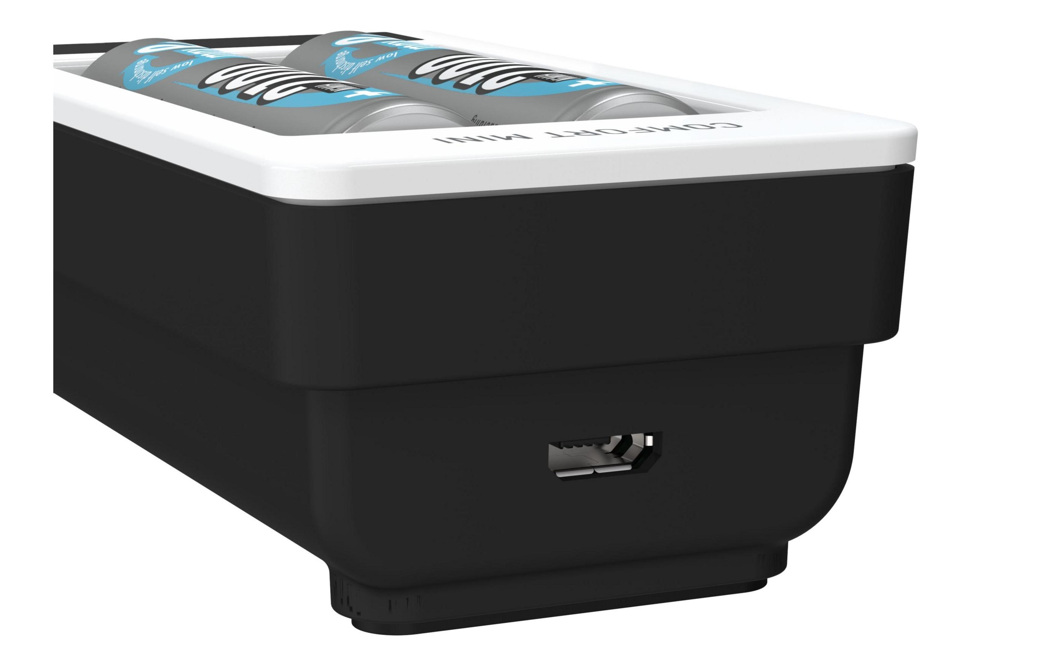 Ein schwarzes Ladegerät mit zwei Batterien und USB-Anschluss.