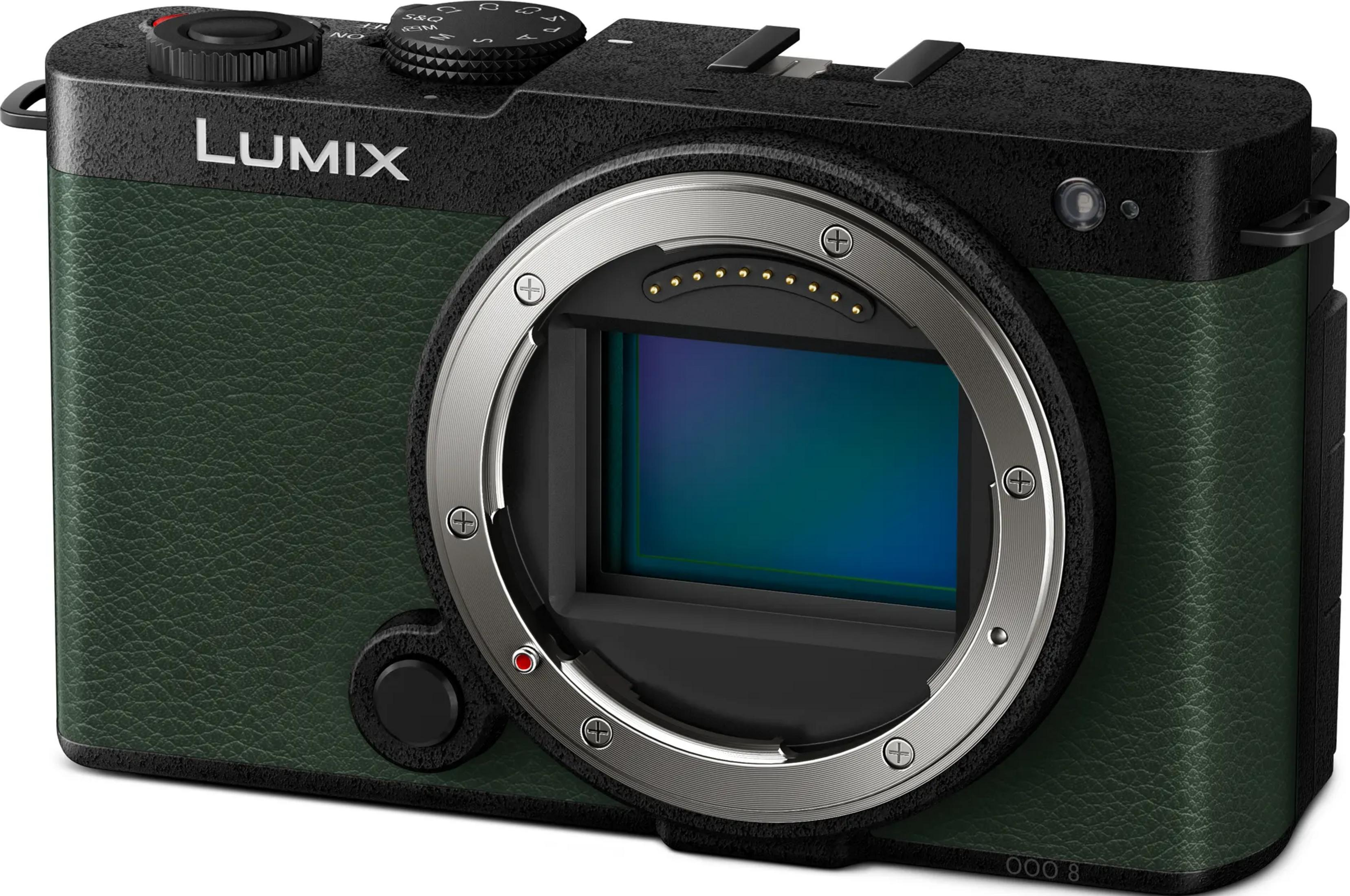 A black and green Lumix camera body with lens mount.