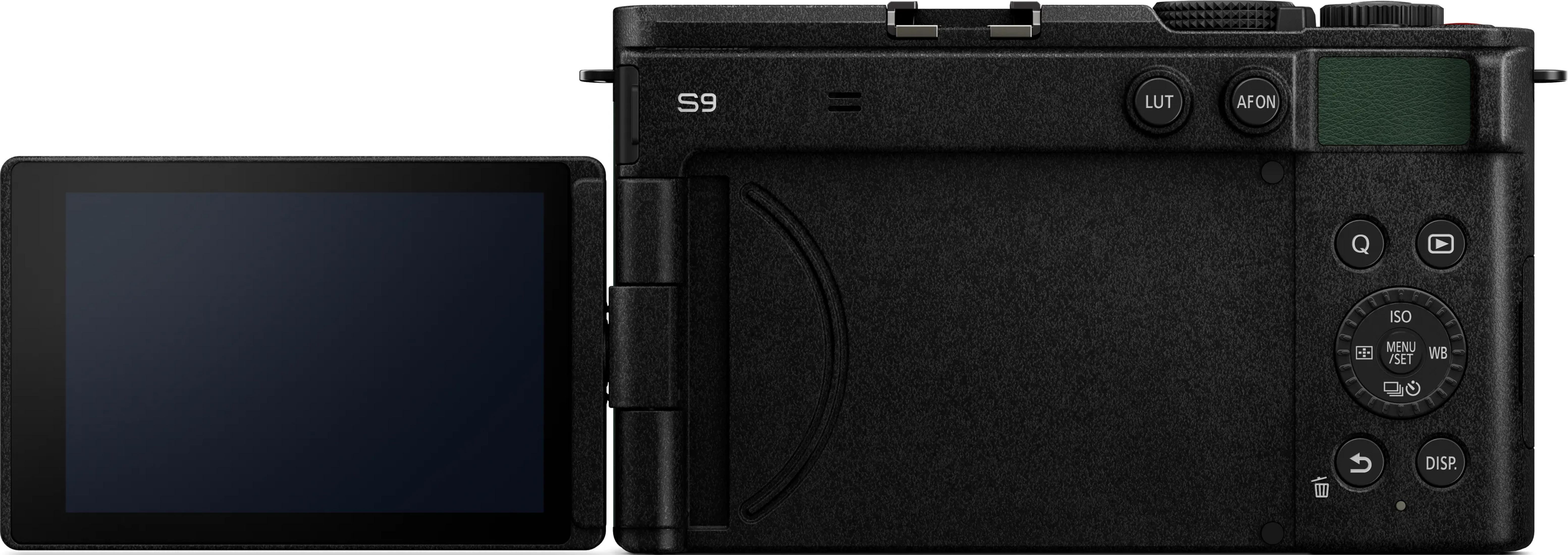 Black textured digital camera with a flip-out screen and control buttons.