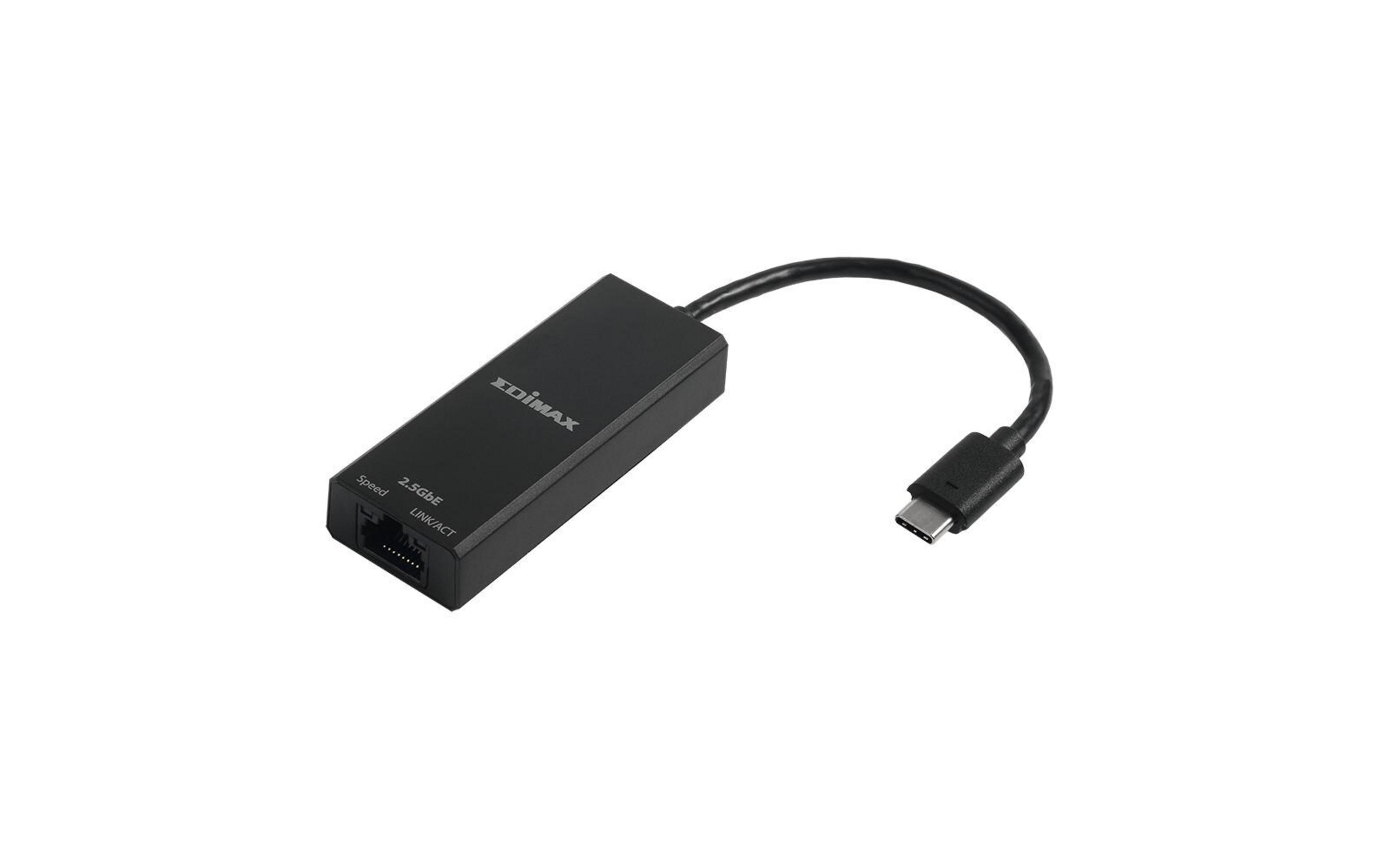 Czarny adapter Edimax 2,5 GbE ze złączem USB-C na białym tle.