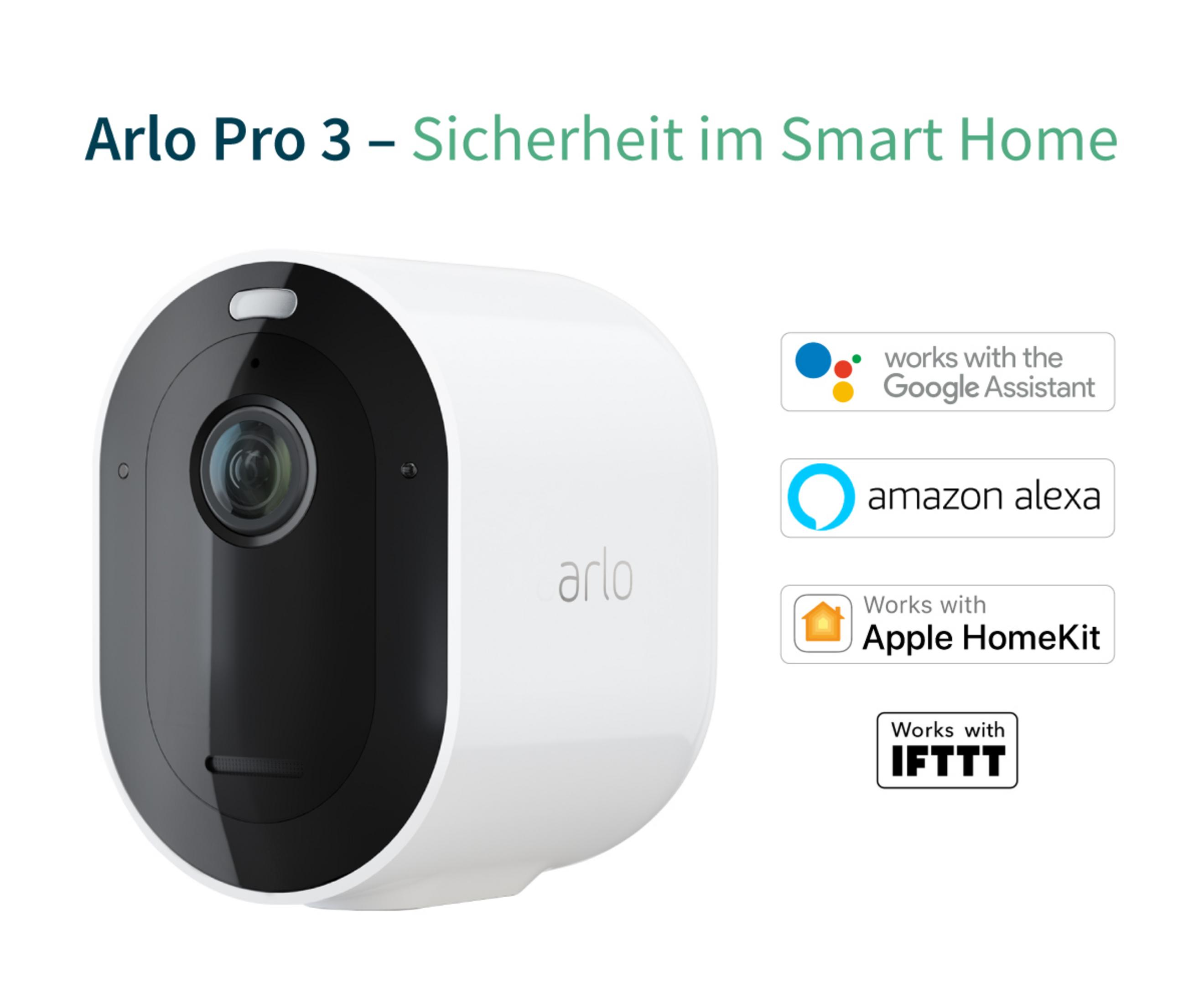 Biała kamera Arlo Pro 3 z czarnym przodem, obok logo Google, Amazon, Apple.