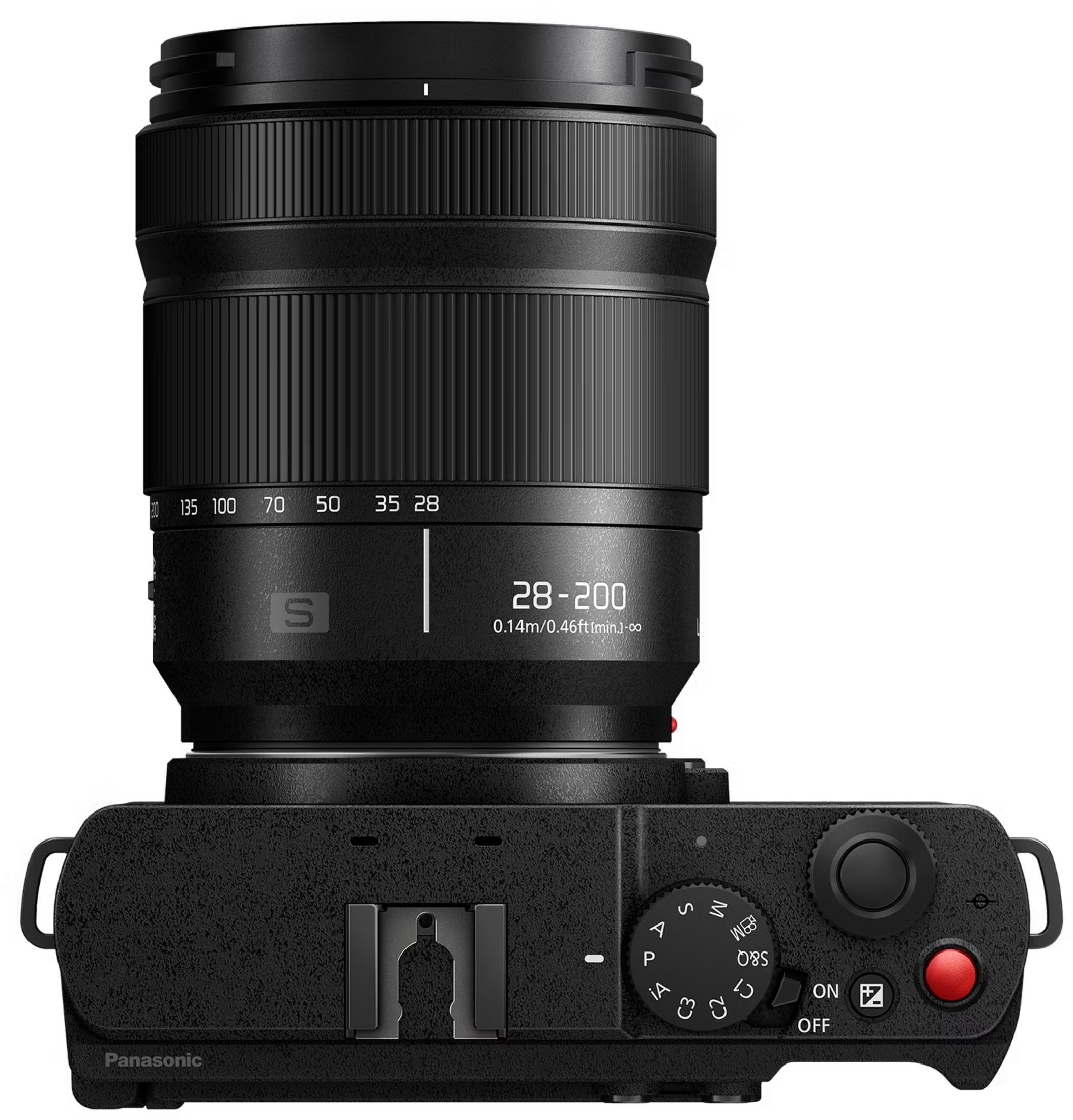 Black Panasonic camera with 28-200mm zoom lens, viewed from above.