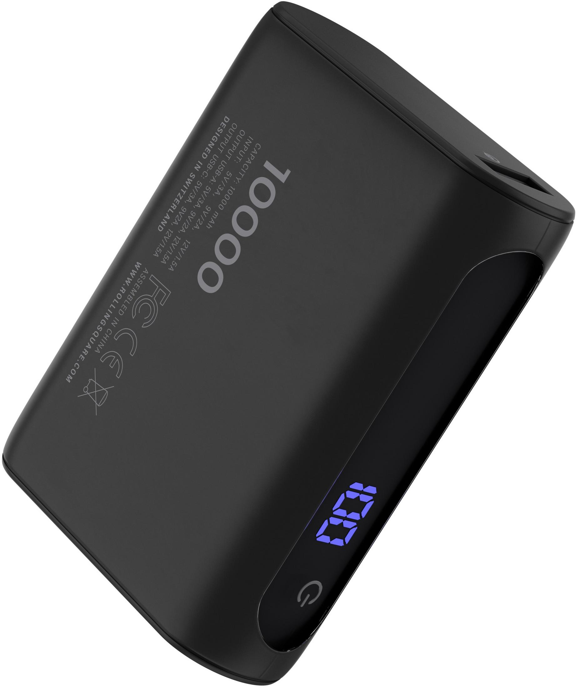 Schwarzes Powerbank mit blauer Digitalanzeige (100) und Power-Symbol.