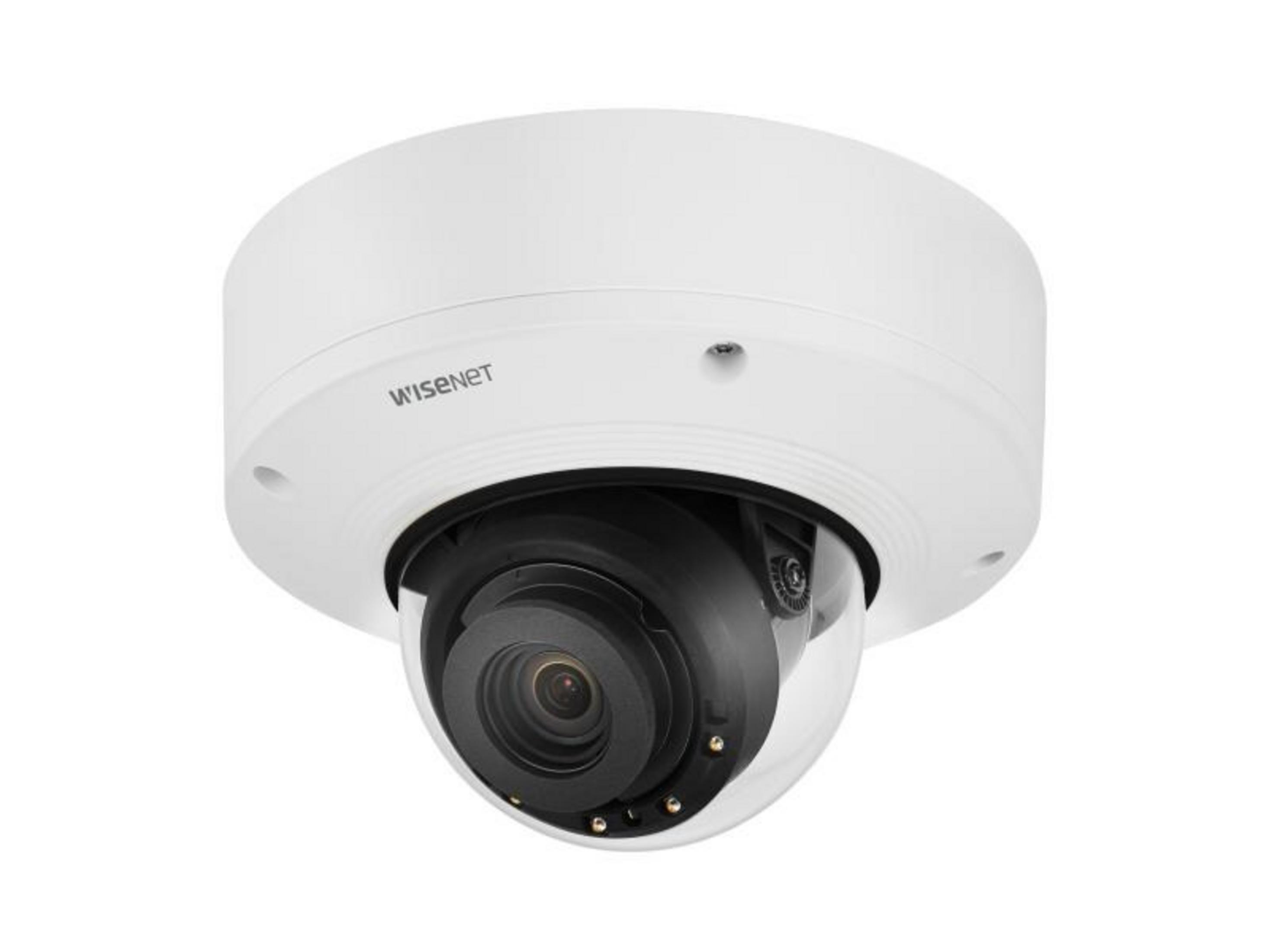 Telecamera di sicurezza bianca a cupola con obiettivo visibile e marchio.