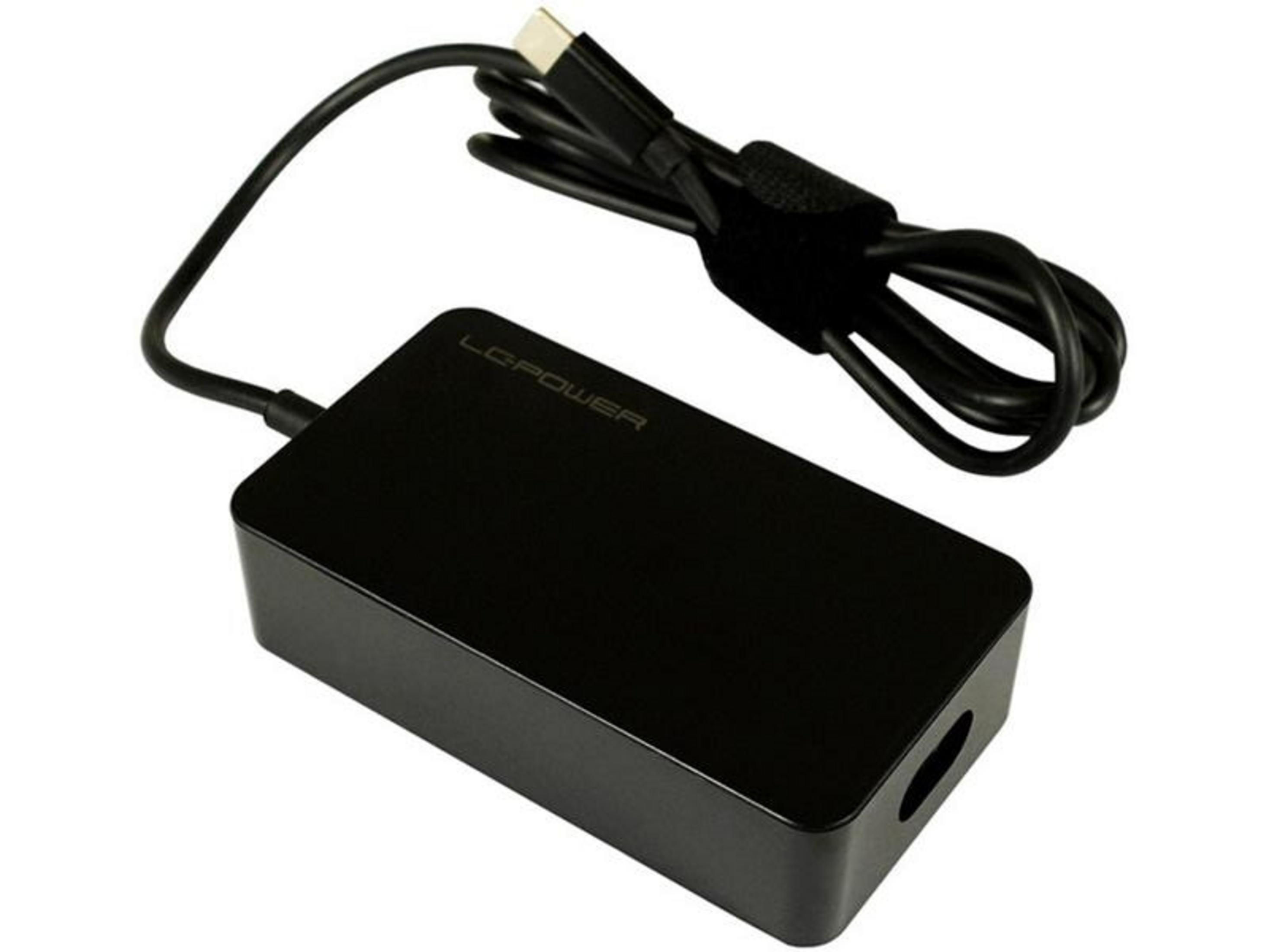 Czarny zasilacz z kablem i złączem USB-C na białym tle.