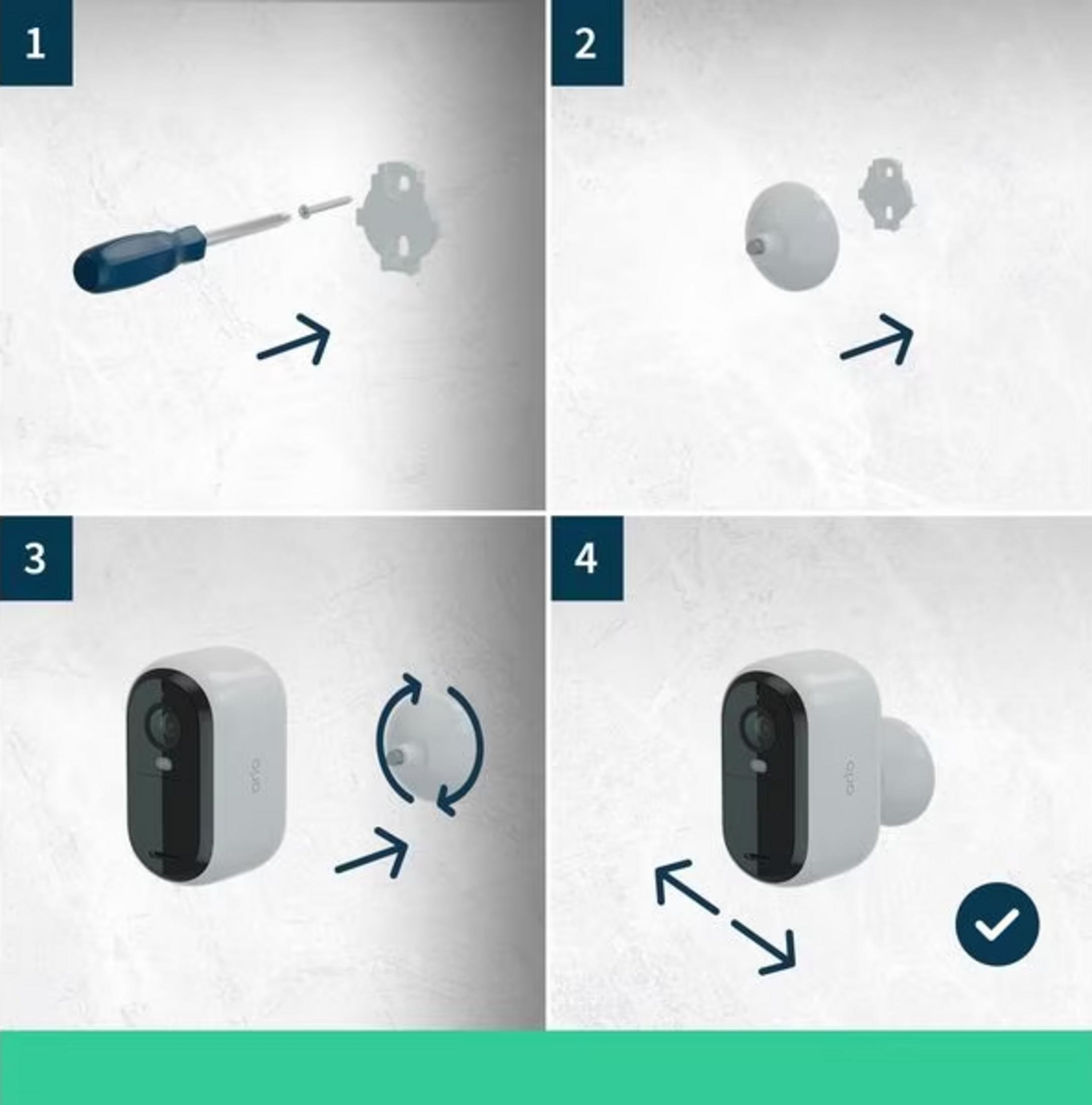 Schritt 1: Schraubendreher mit Schraube. Schritt 2: Wandhalterung. Schritt 3: Kamera. Schritt 4: Kamera montiert.